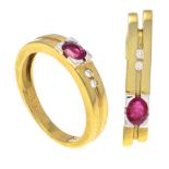 2-piece ruby diamond set GG/WG 585/000 with 2 oval faceted rubies, add. 0.64 ct dark red,