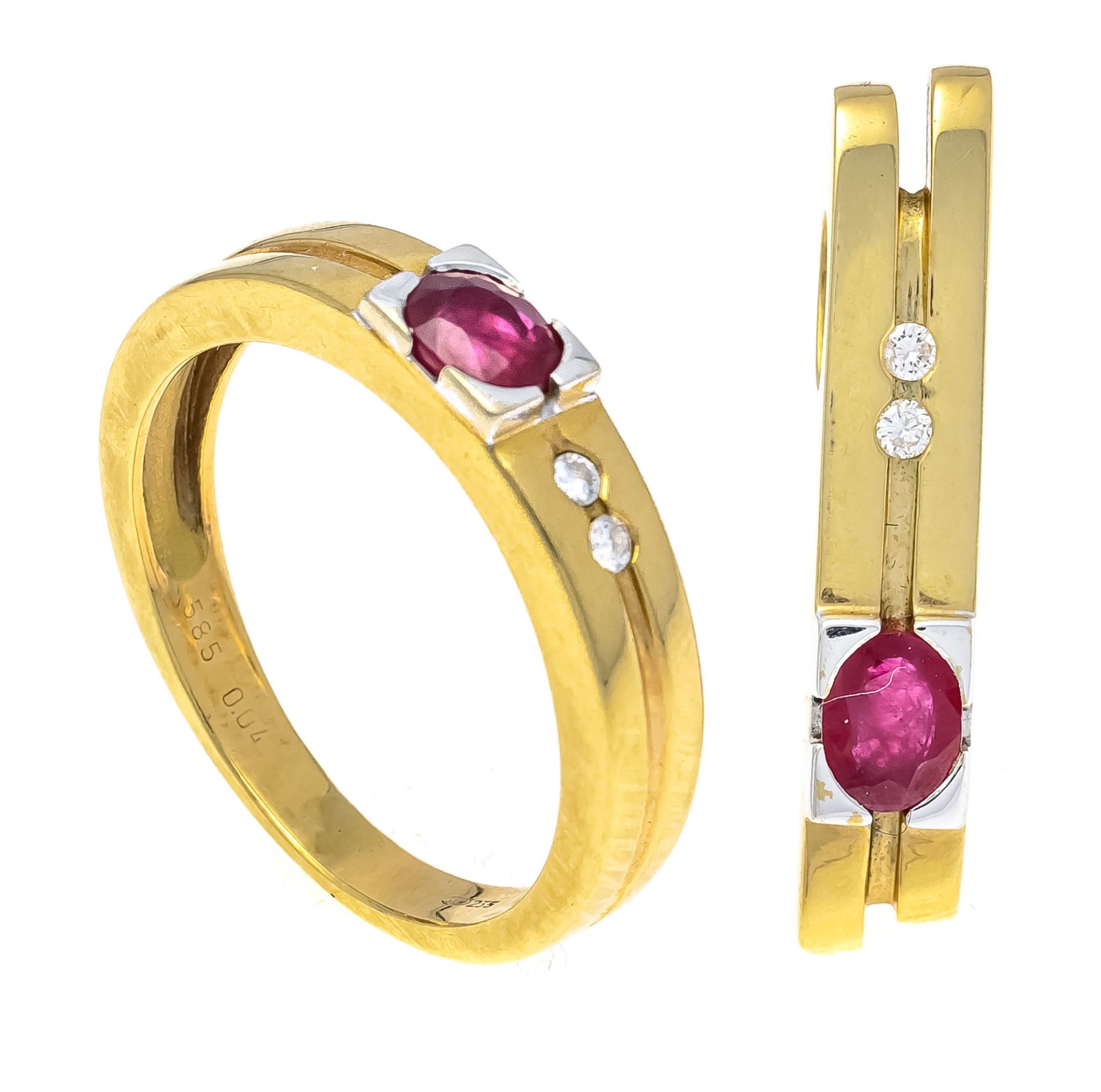 2-piece ruby diamond set GG/WG 585/000 with 2 oval faceted rubies, add. 0.64 ct dark red,