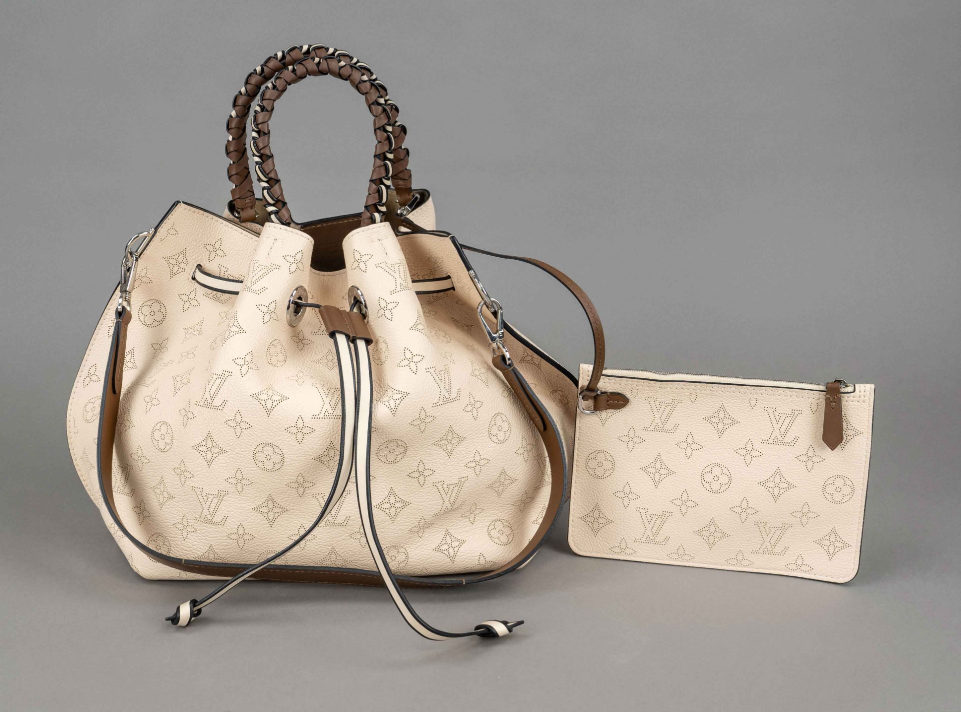 Louis Vuitton, Muria Mahina Shoulder Bag, cream fine perforated calfskin with monogram motif in