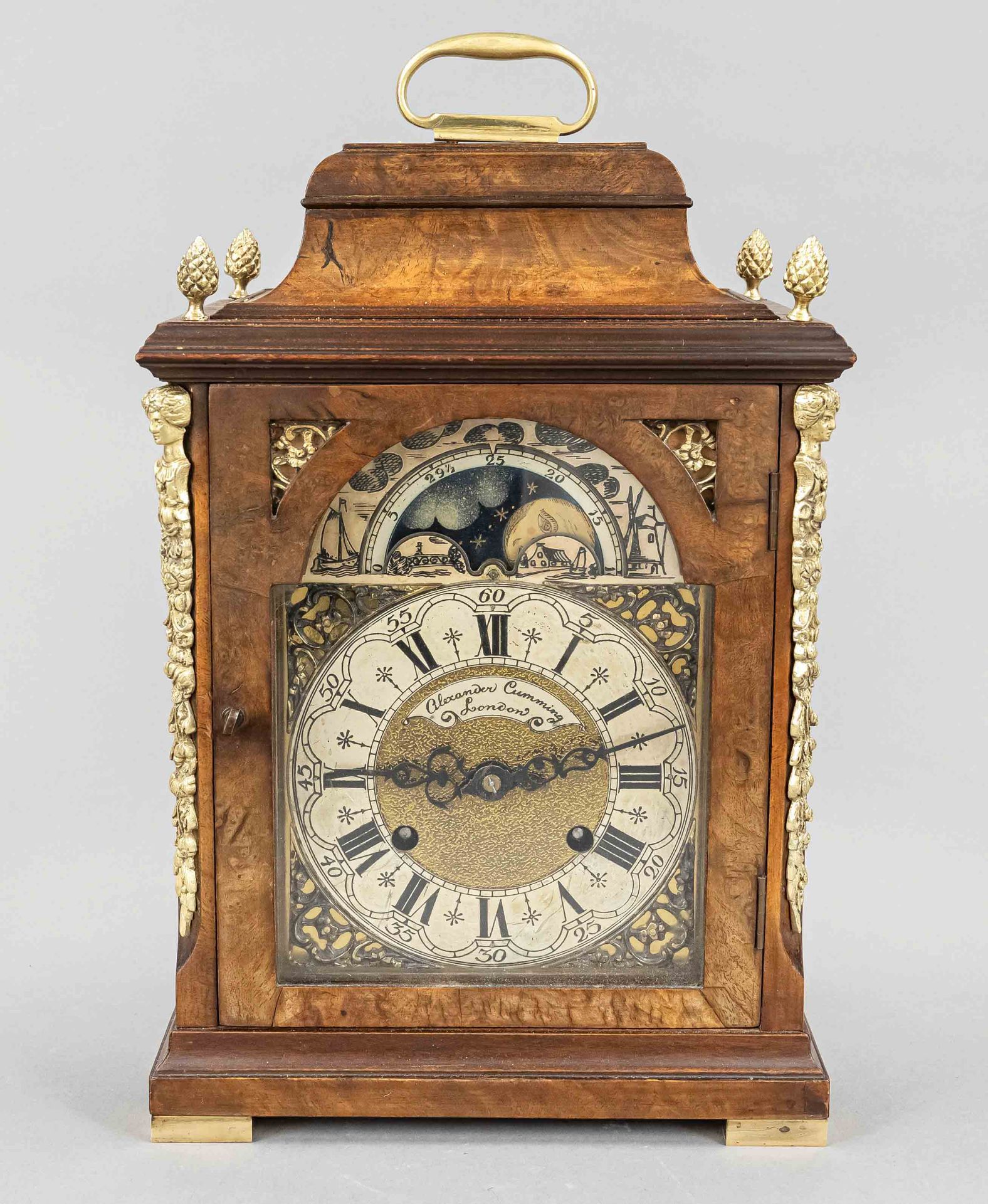 Table clock marked Alexander Cumming London, 2nd half of 19th c., burl wood, floral engraved brass