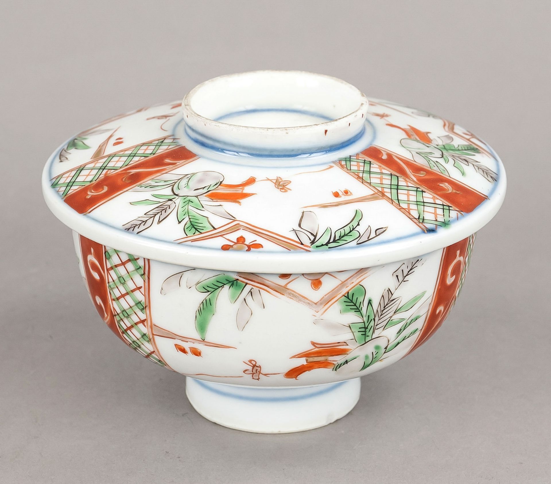 Chawan with lid, Japan, 19th century, porcelain with polychrome glaze decoration of Chinese sage