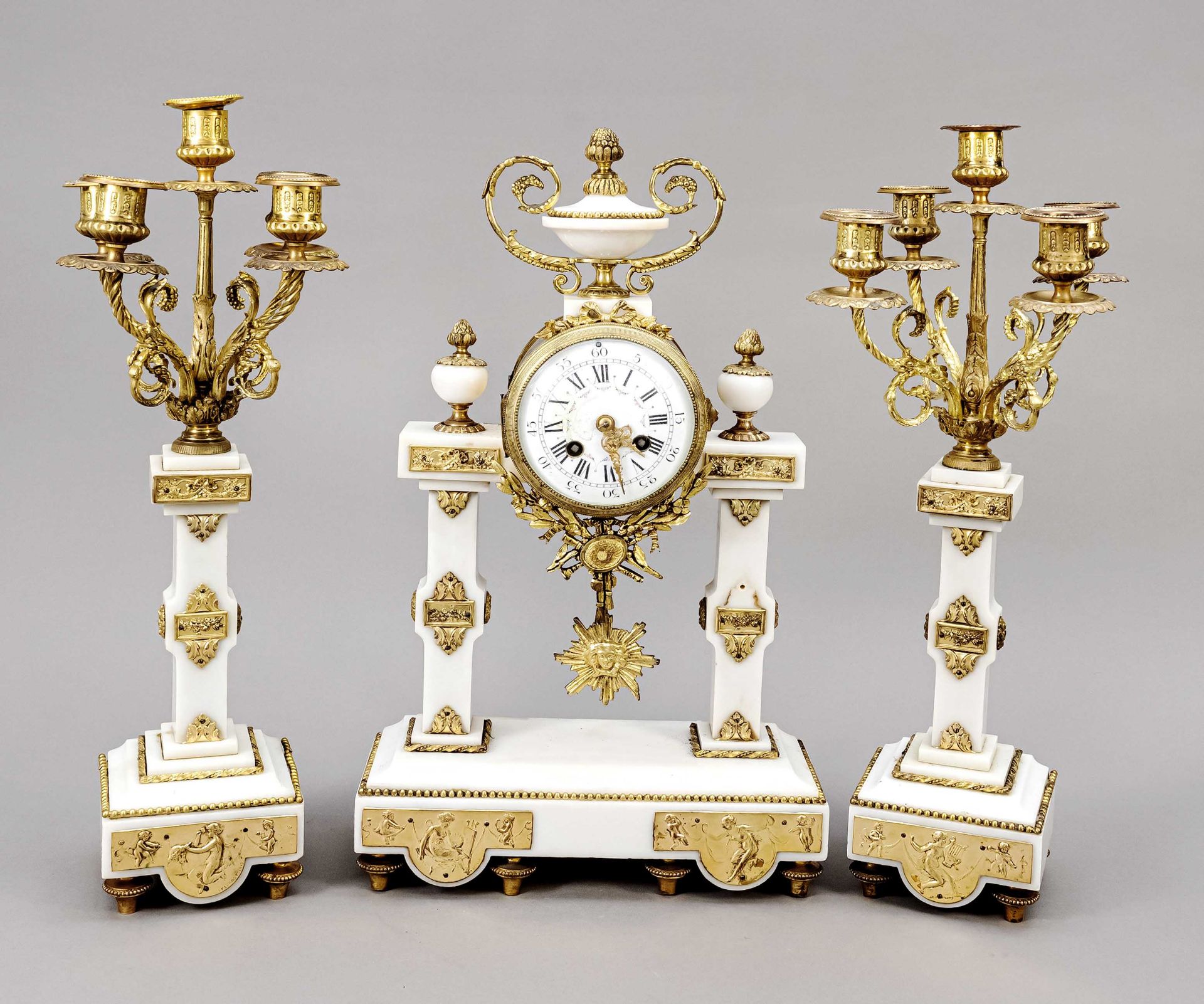 Pendulum set, 3 pieces, 2nd half of 19th c., Clock with 2 columns, gilded applications, on the right