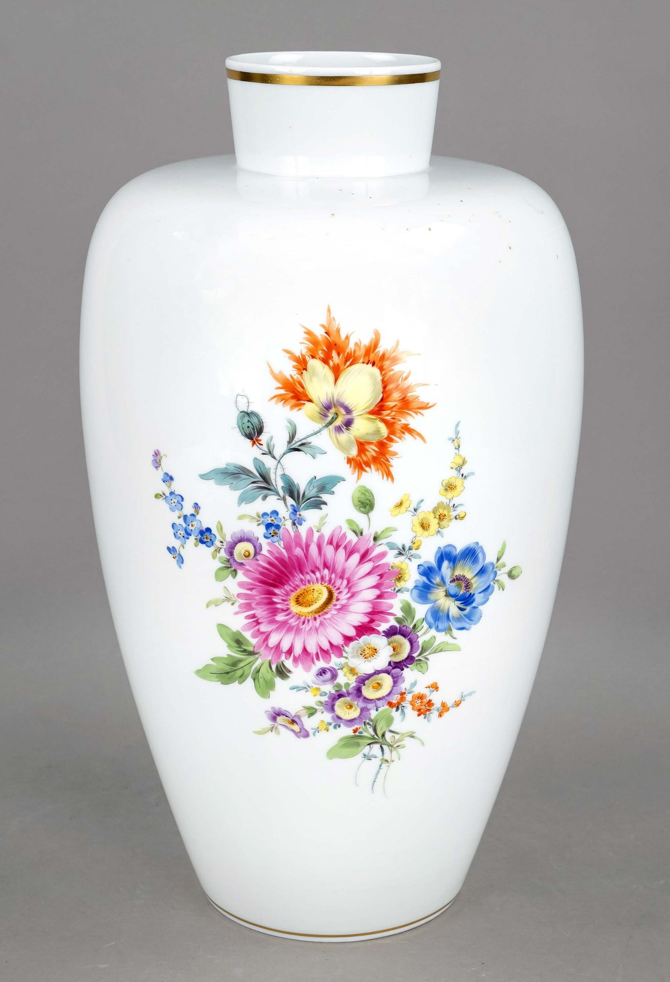 Large vase, Meissen, mark 1957-72, 1st choice, model no. E 139, baluster shape, polychrome floral