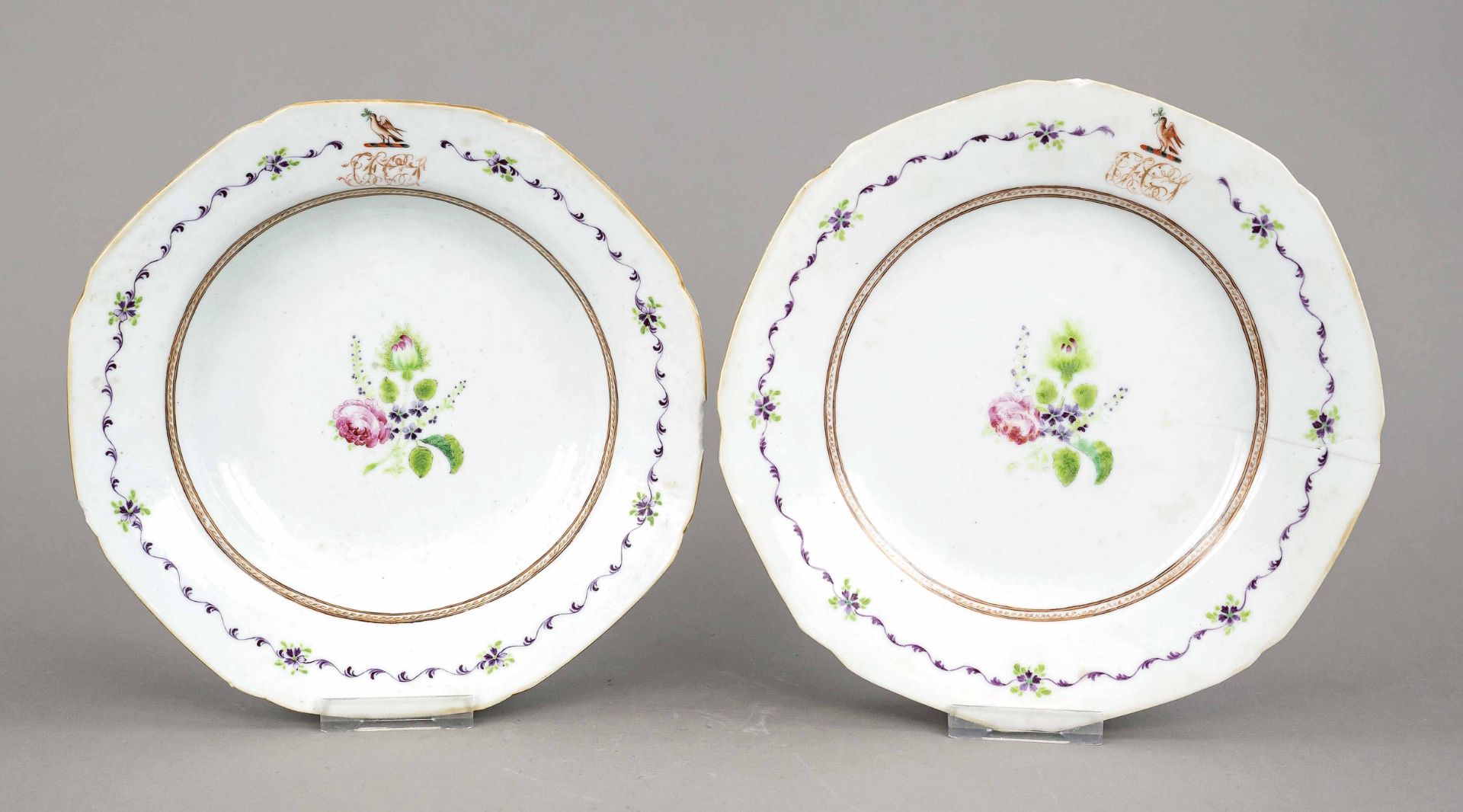 2 plates Commande de Chine, China, around 1800, porcelain with polychrome glaze painting and gold