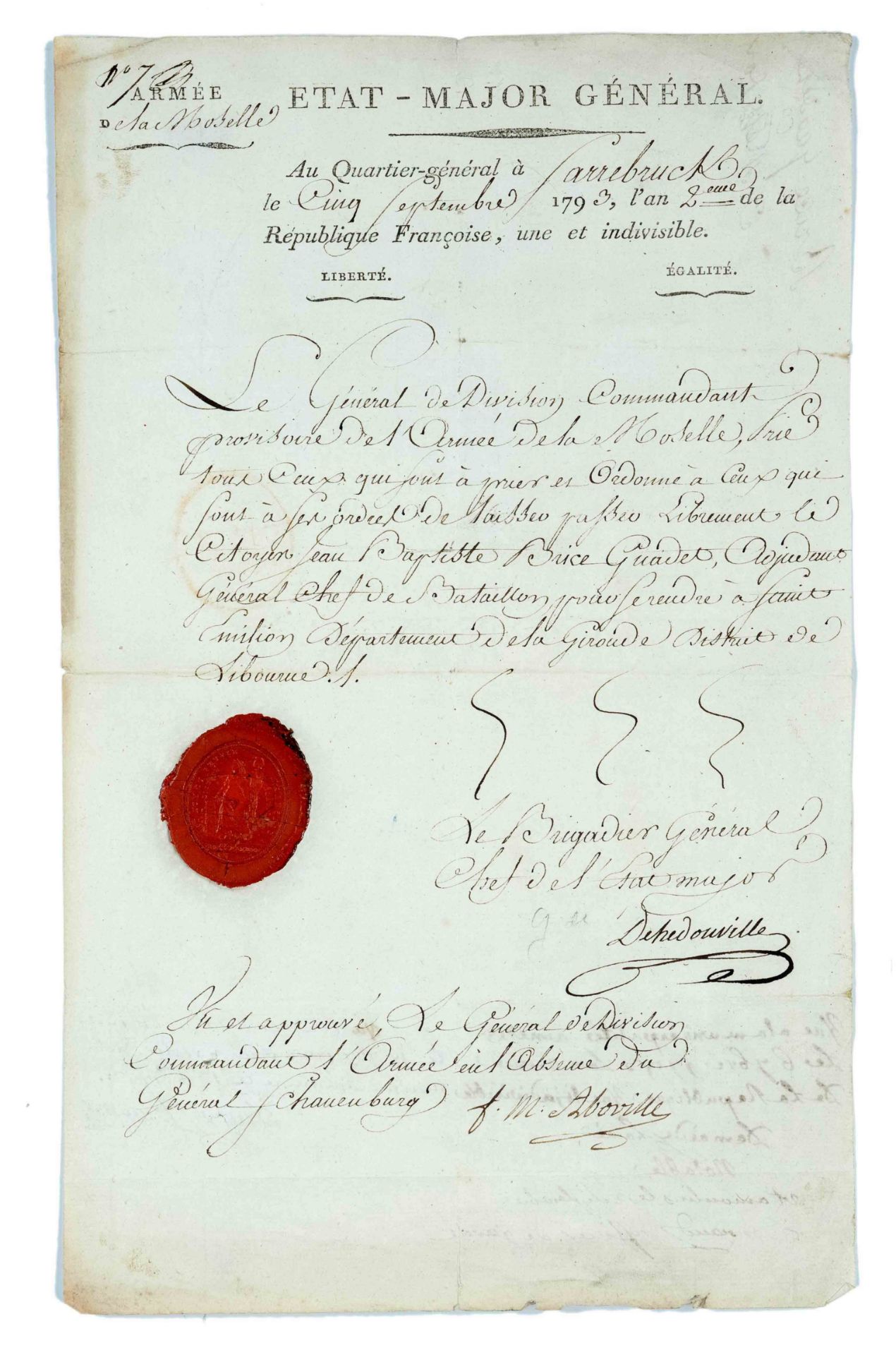 Letter of command probably of Major General Gabriel D'Hédouville (1755-1825) from 1793, paper