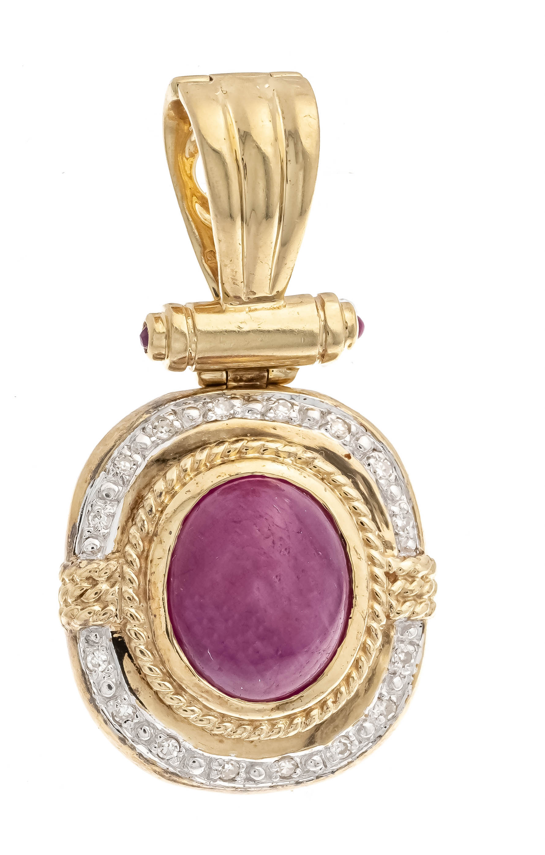 Ruby-sapphire clip pendant GG/WG 585/000 with one oval and 2 round ruby cabochons 11.19 x 9.31 x 6.