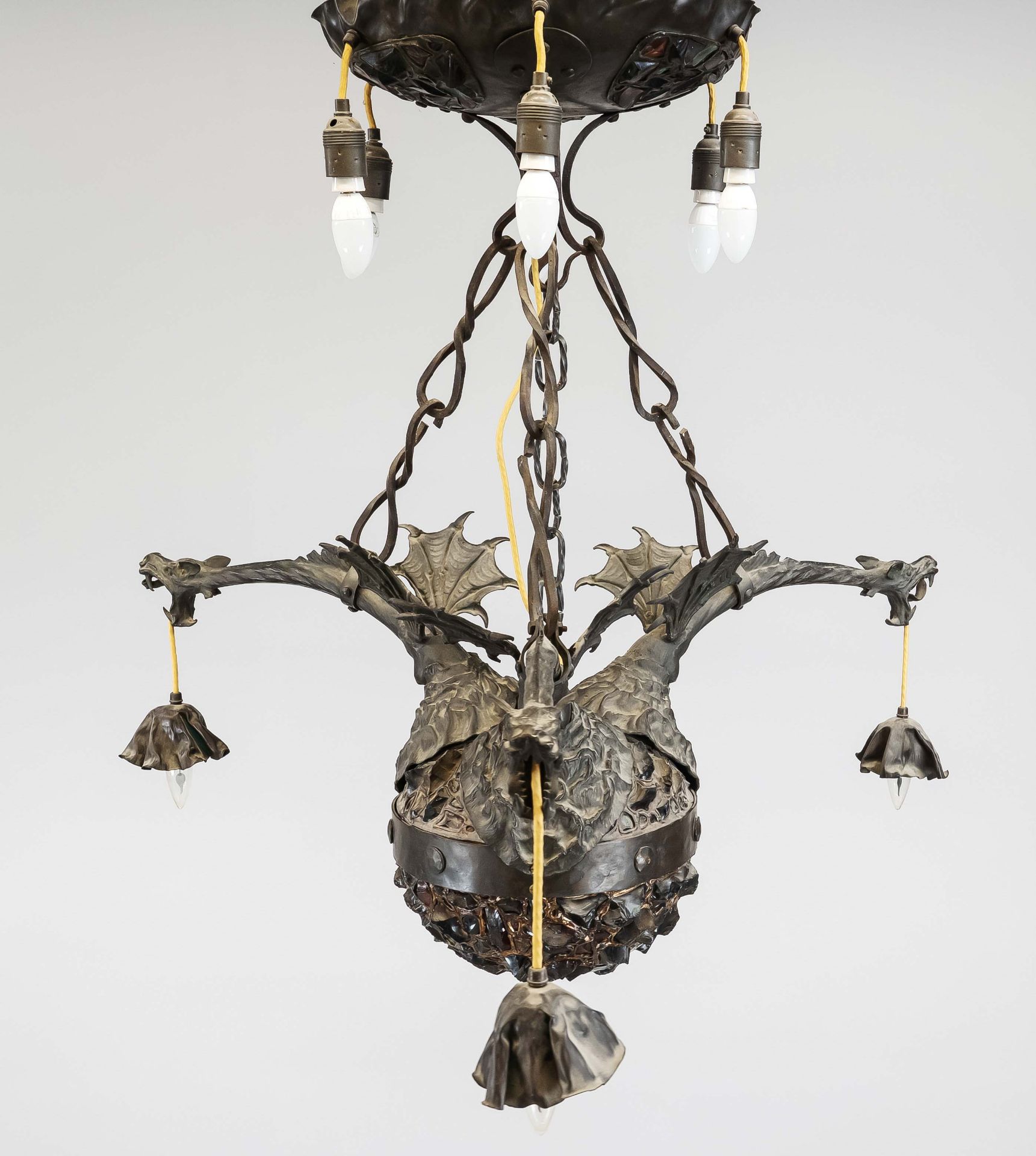 Large dragon lamp with humped glass, c. 1900. Large humped glass globe with wide band with rivets. - Image 2 of 2