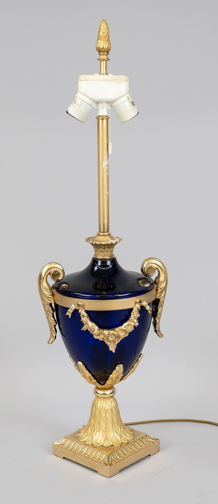Vase lamp, 20th c., cobalt glass vase in ornamented brass frame, 2 lights, without shade, h. 85 cm