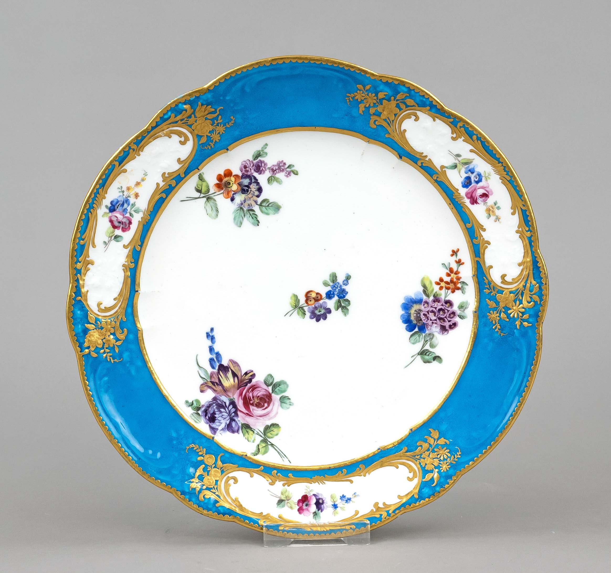 Plate, Sevres, France, 1765, form ''asiette a palmes'' (palm frond plate), polychrome floral