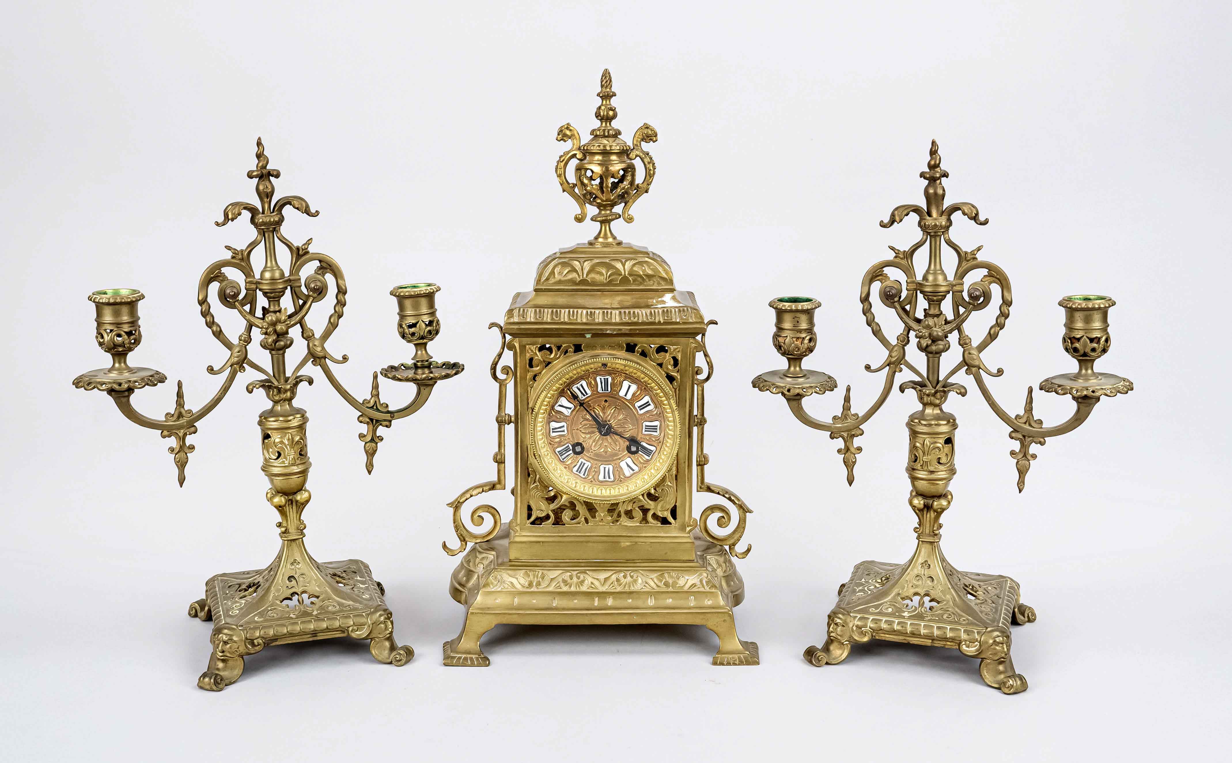 3-piece clock set, brass, 2nd half of 19th c., in the style of historicism, gold dial with white