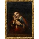 German sacral painter early 18th century, Madonna with Child, at lower margin four-line prayer ''Mit