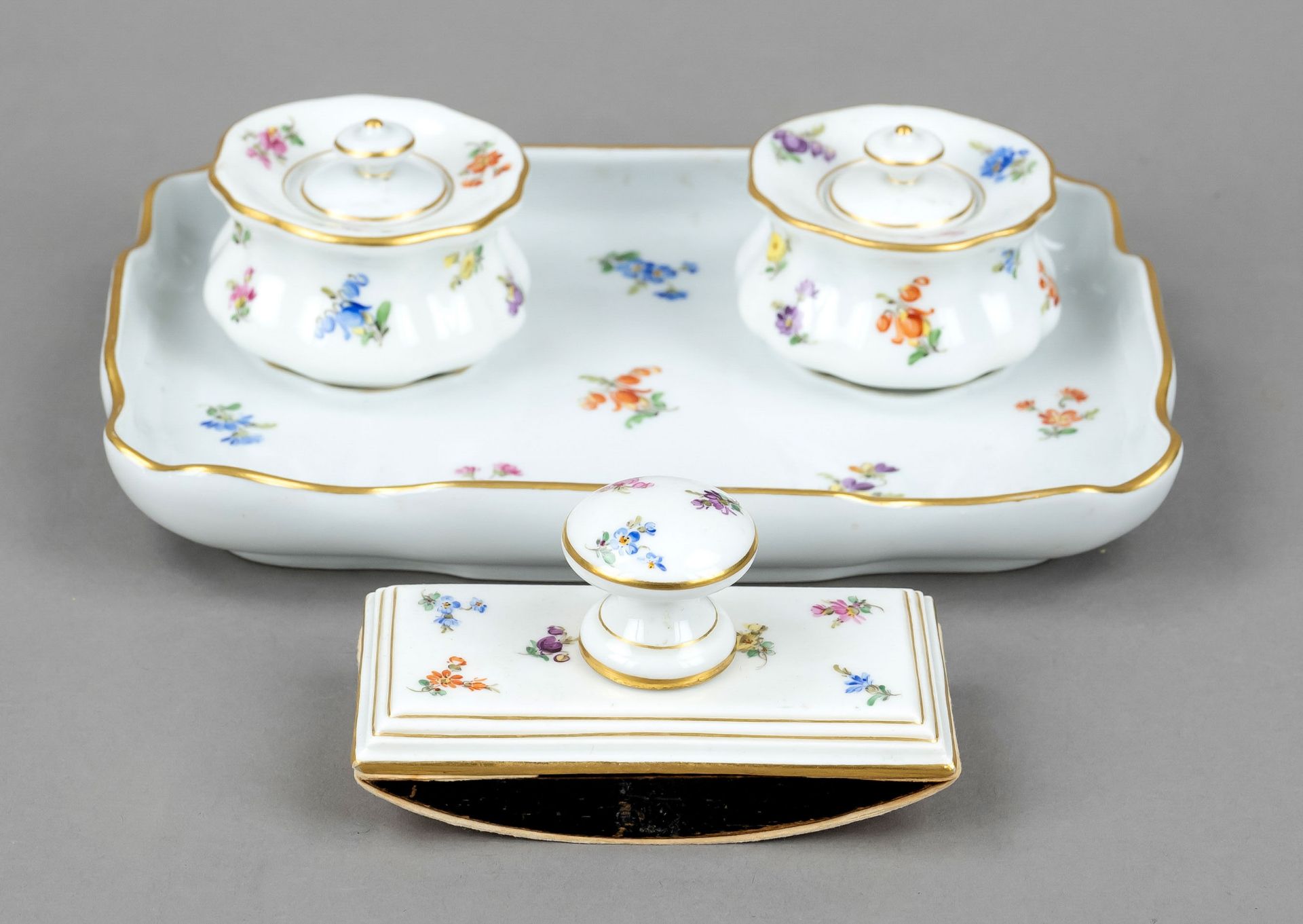 writing set, 4 pieces, Meissen, various marks, including 1x knob swords 1850-1924, 1st choice, white