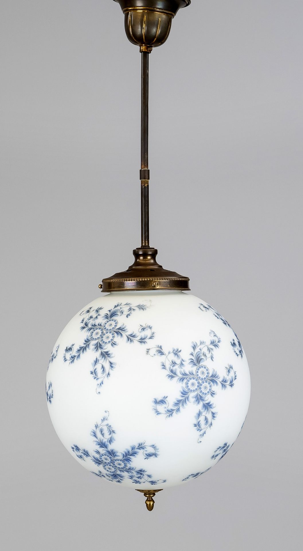 Ceiling lamp, late 19th c., large frosted glass globe with blue rotating floral ornament (shade
