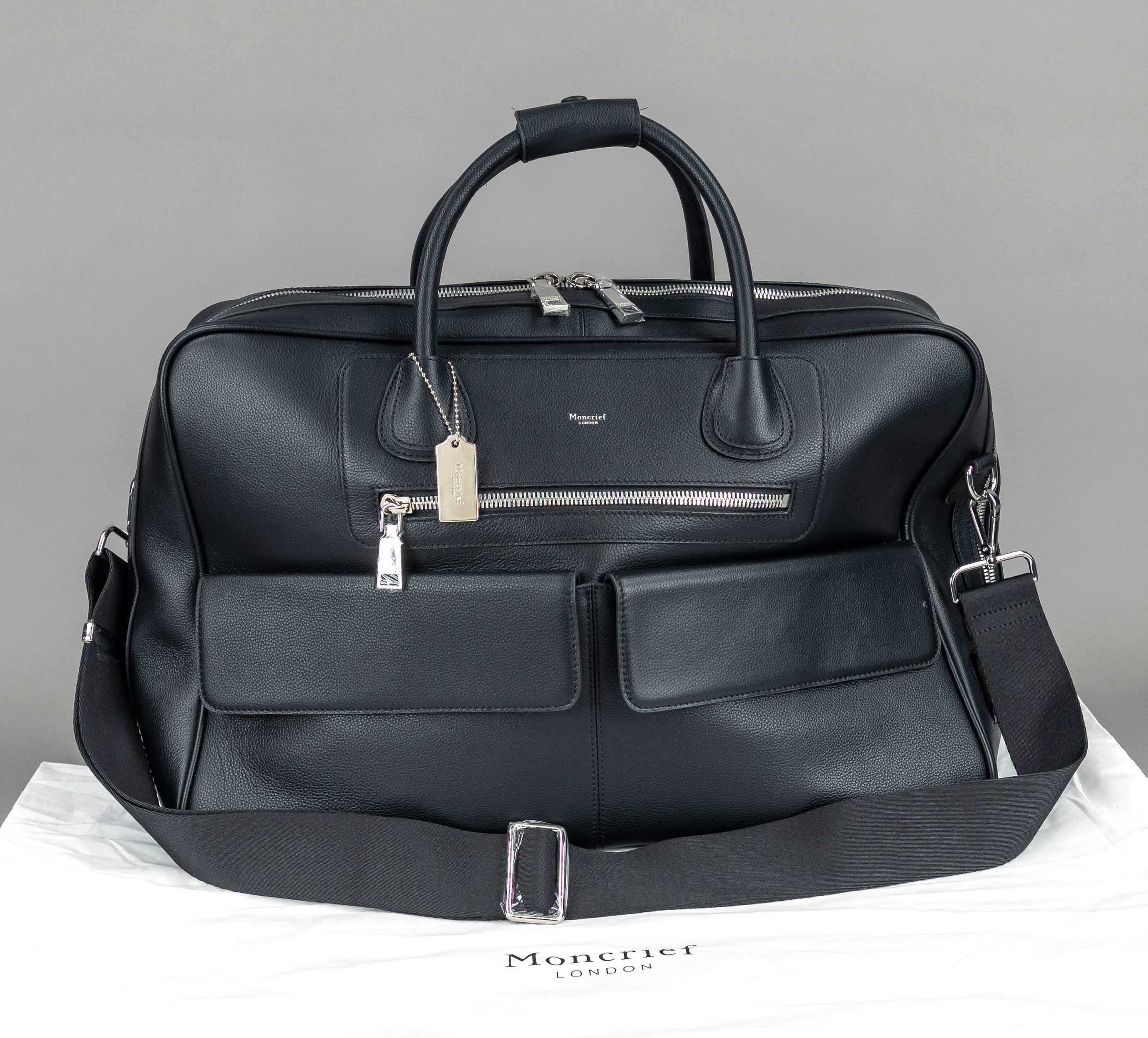 Moncrief, Zoie Leather Weekender, black grained leather, silver-tone hardware, short double