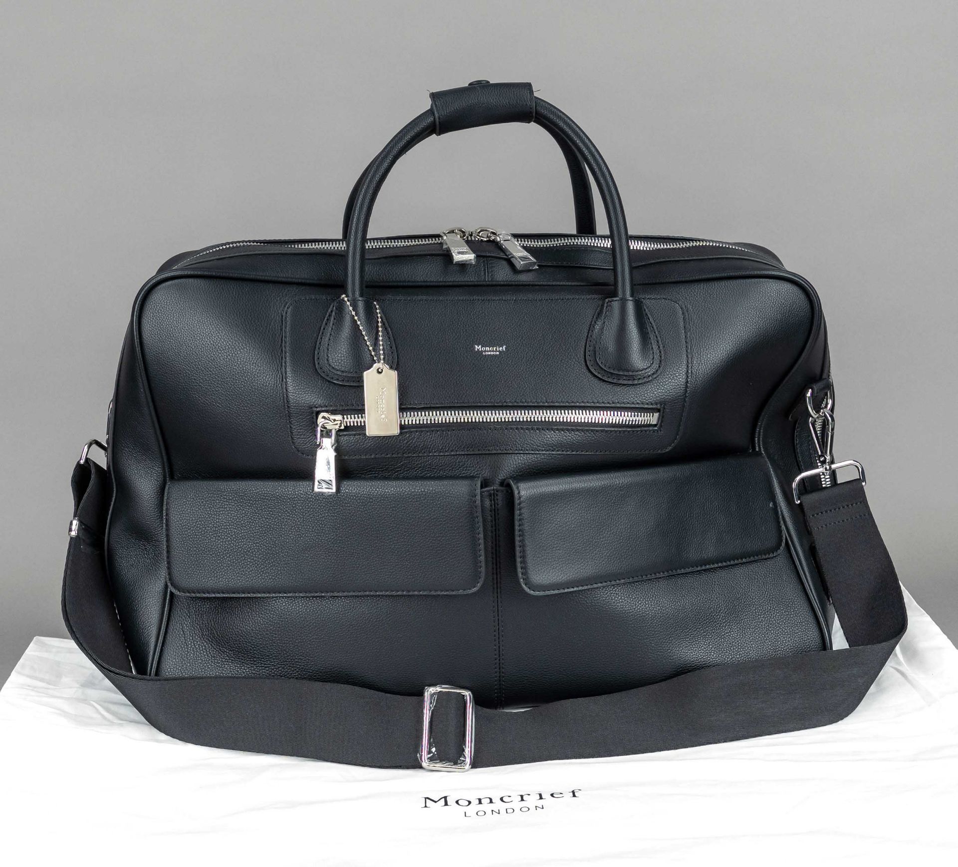 Moncrief, Zoie Leather Weekender, black grained leather, silver-tone hardware, short double