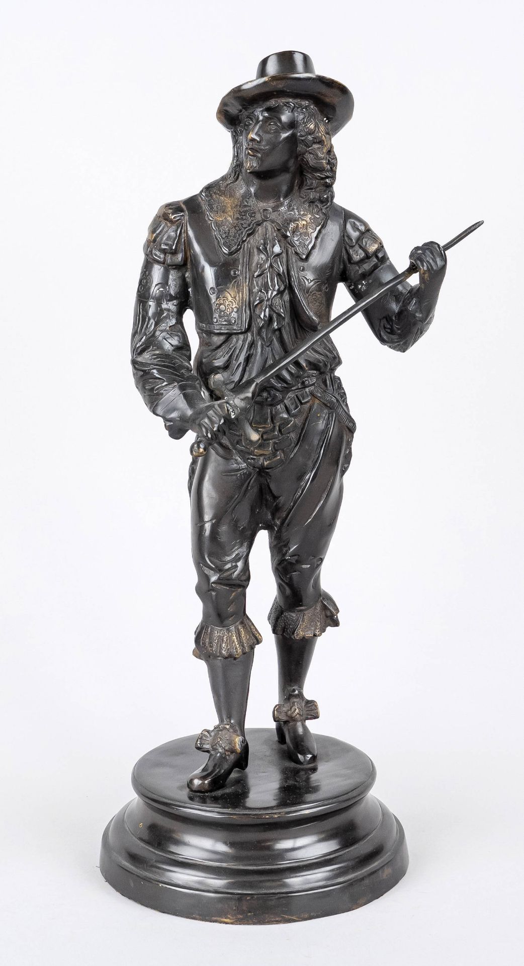 French sculptor c. 1900, nobleman with sword, dark patinated bronze on round profile plinth,