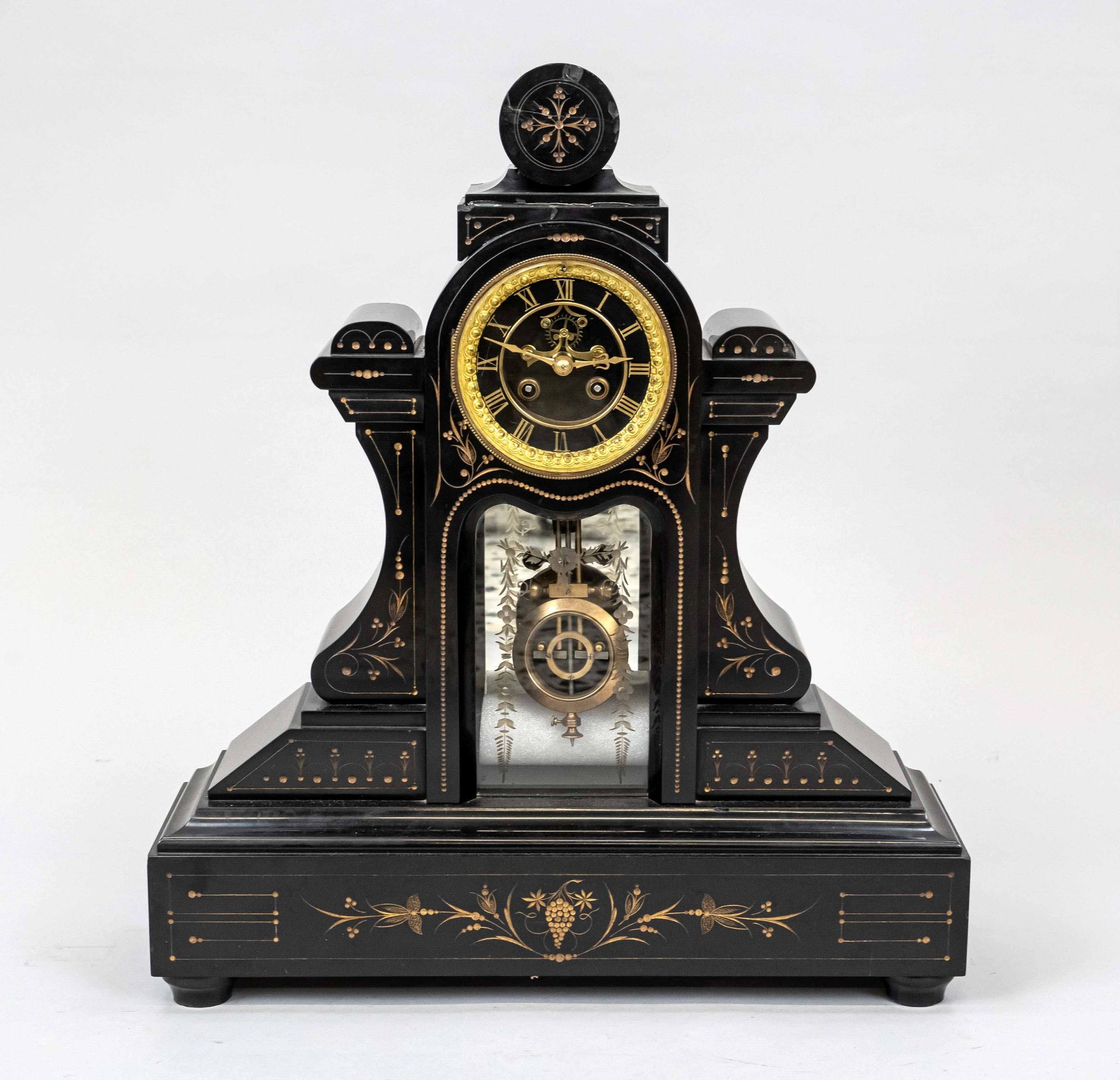 Fireplace clock with precision pendulum, 2nd half of 19th century, black marble with gilded floral