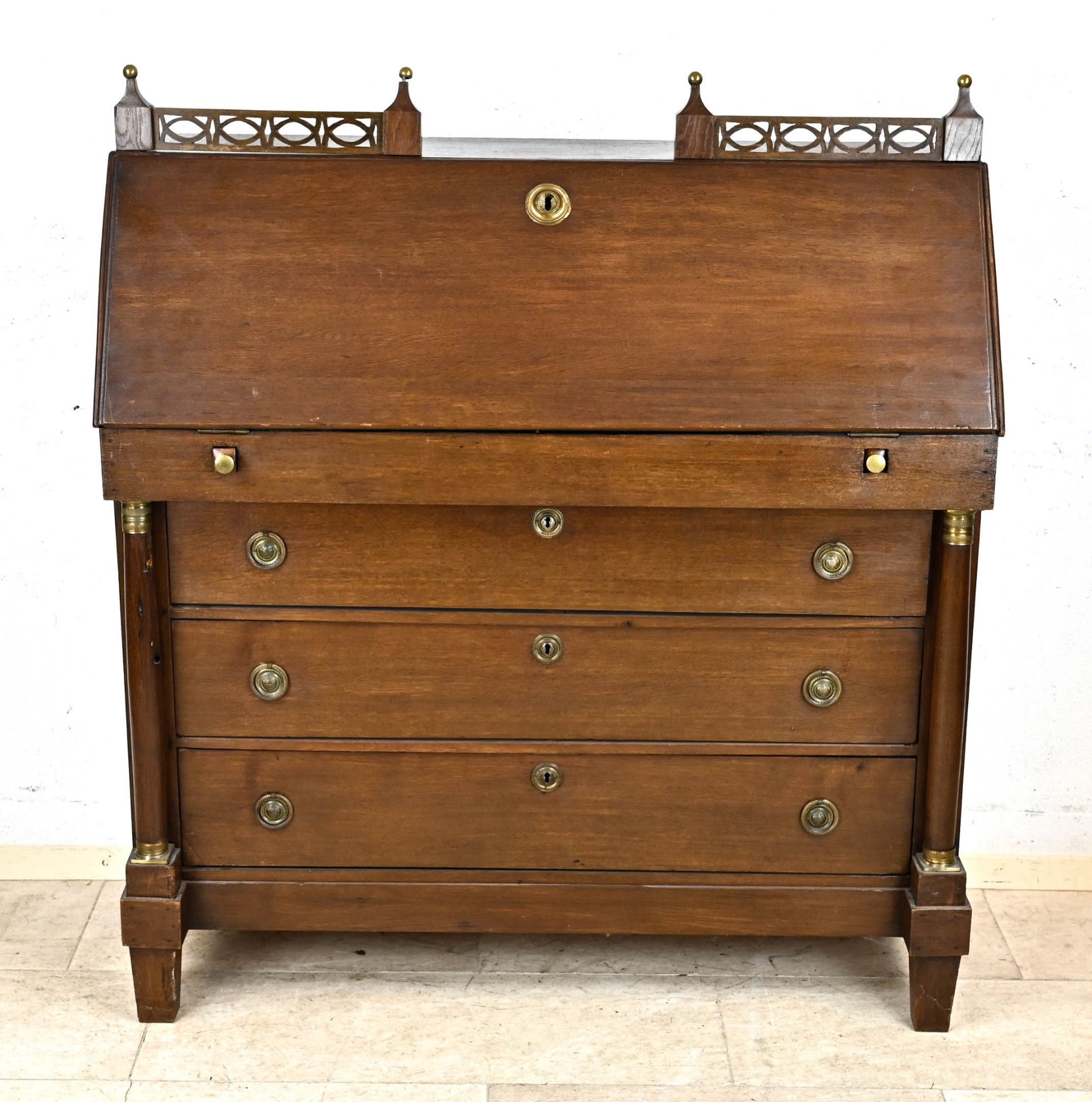 Empire secretary around 1810, oak, straight 3-bay corpus flanked by solid columns, brass fittings, - Image 2 of 2