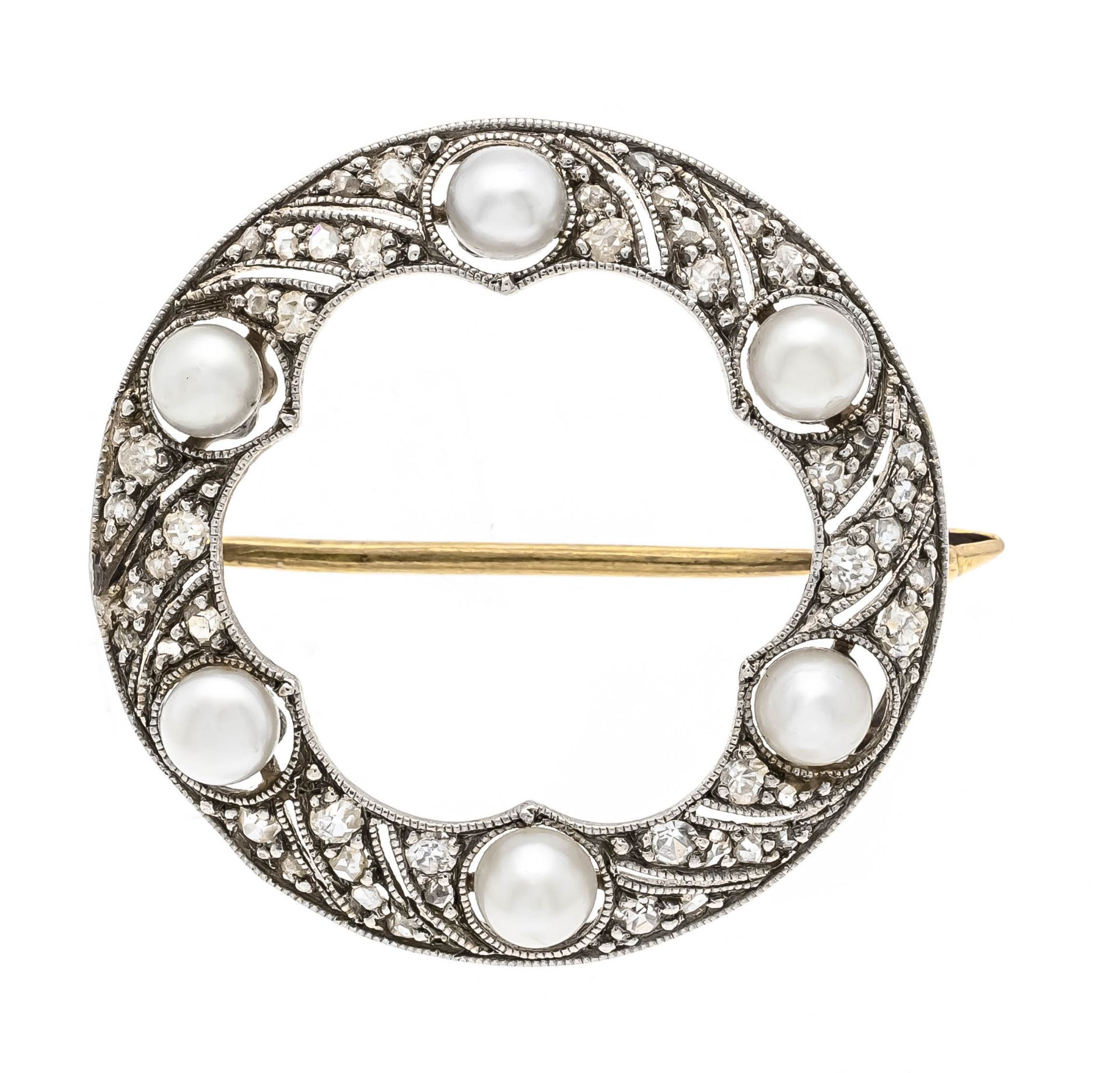 Art Deco ring brooch platinum 900/000 and GG 585/000 with 6 oriental pearls 3,5 mm, 6 old cut