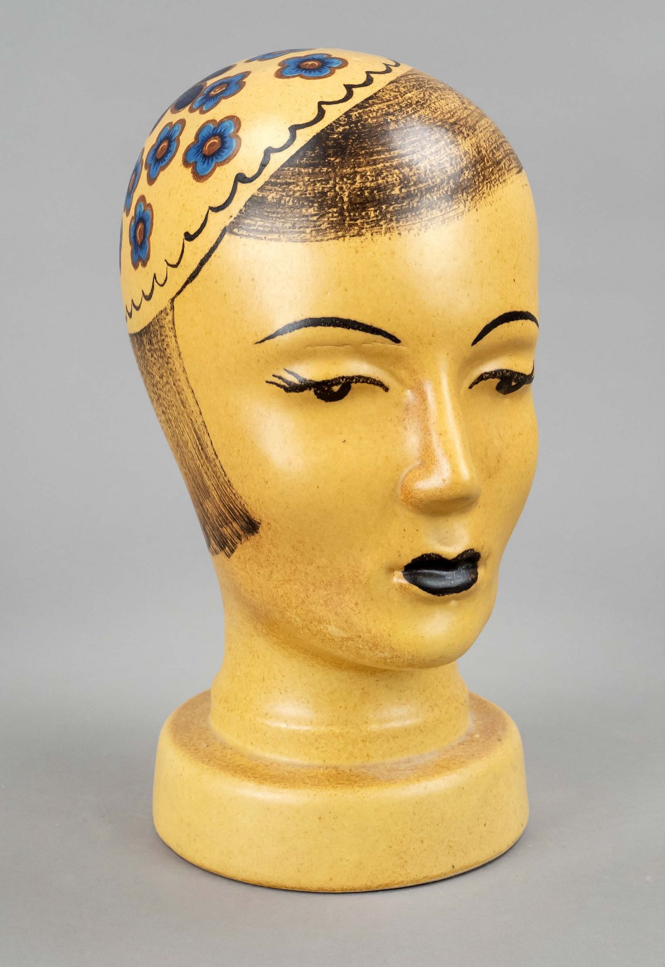 Female bust / hat, wig stand, art deco, 1920s, ceramic, painted in blue, brown and black, h. 30 cm