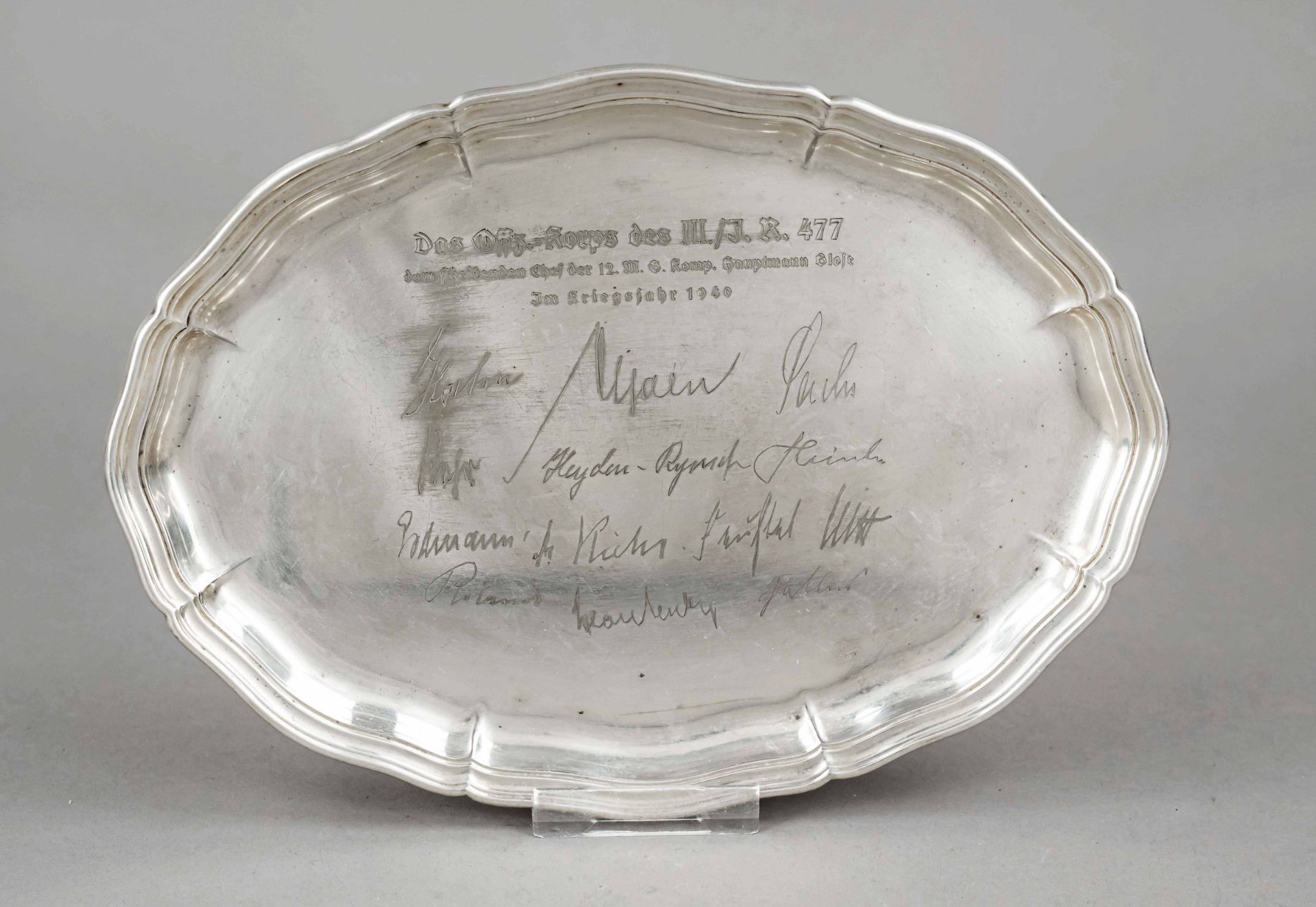 Oval tray, German, c. 1940, maker's mark WMF, Geislingen, metal (nickel-silver), Dresden baroque