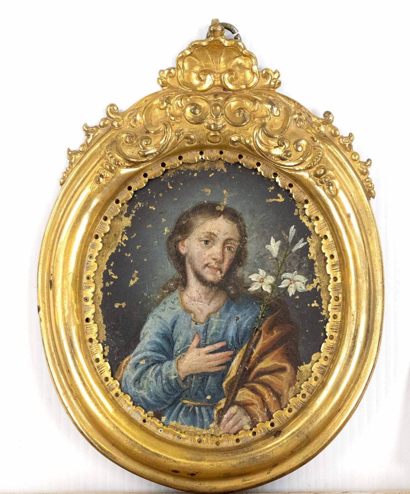 Miniature painter of the 18th century, portrait of St. Joseph with the staff from which a lily