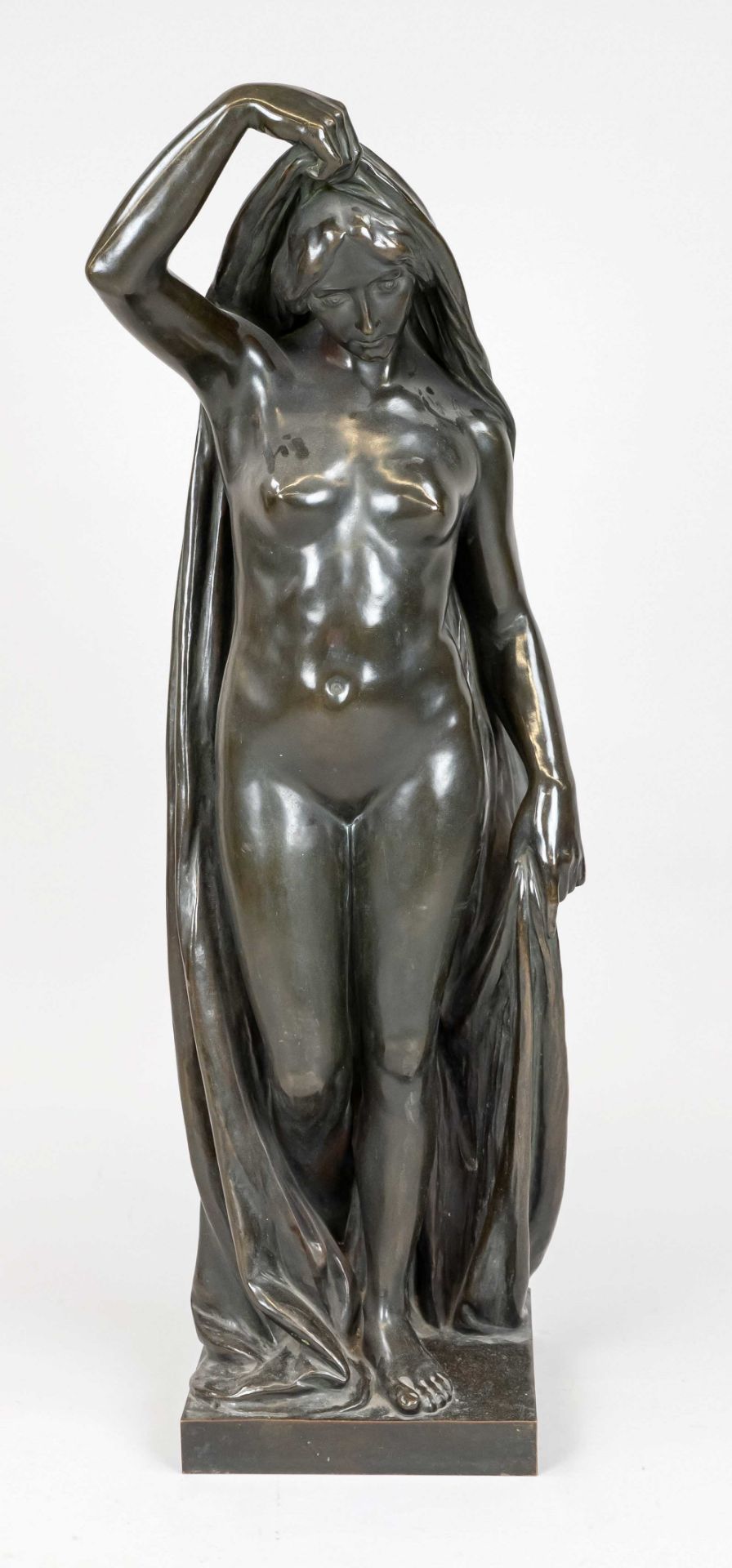 Anonymous sculptor around 1900, large bronze sculpture of a female nude, stripping off a robe,