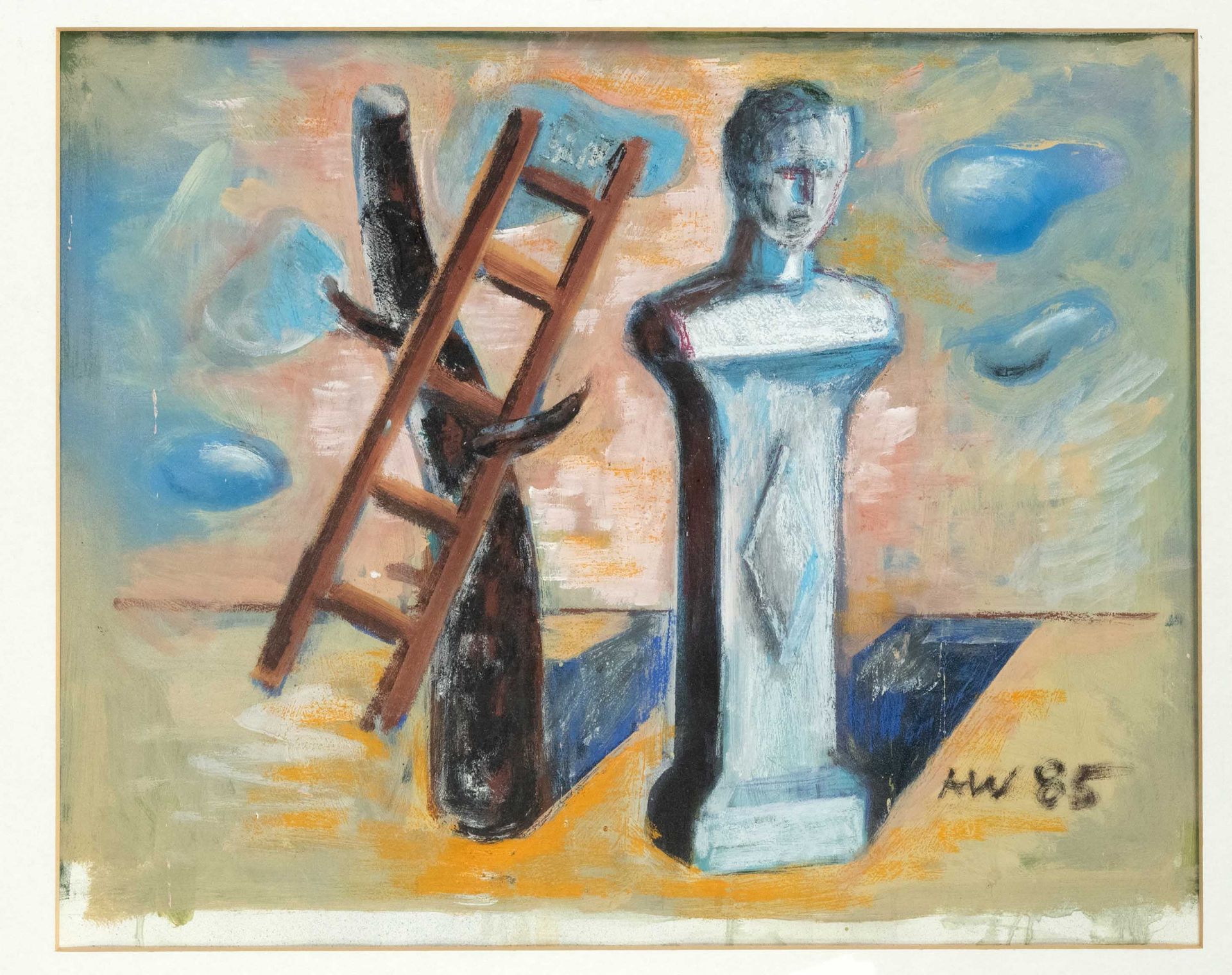 Andreas Weishaupt (*1957), surreal still life with bust and ladder, mixed media on paper,