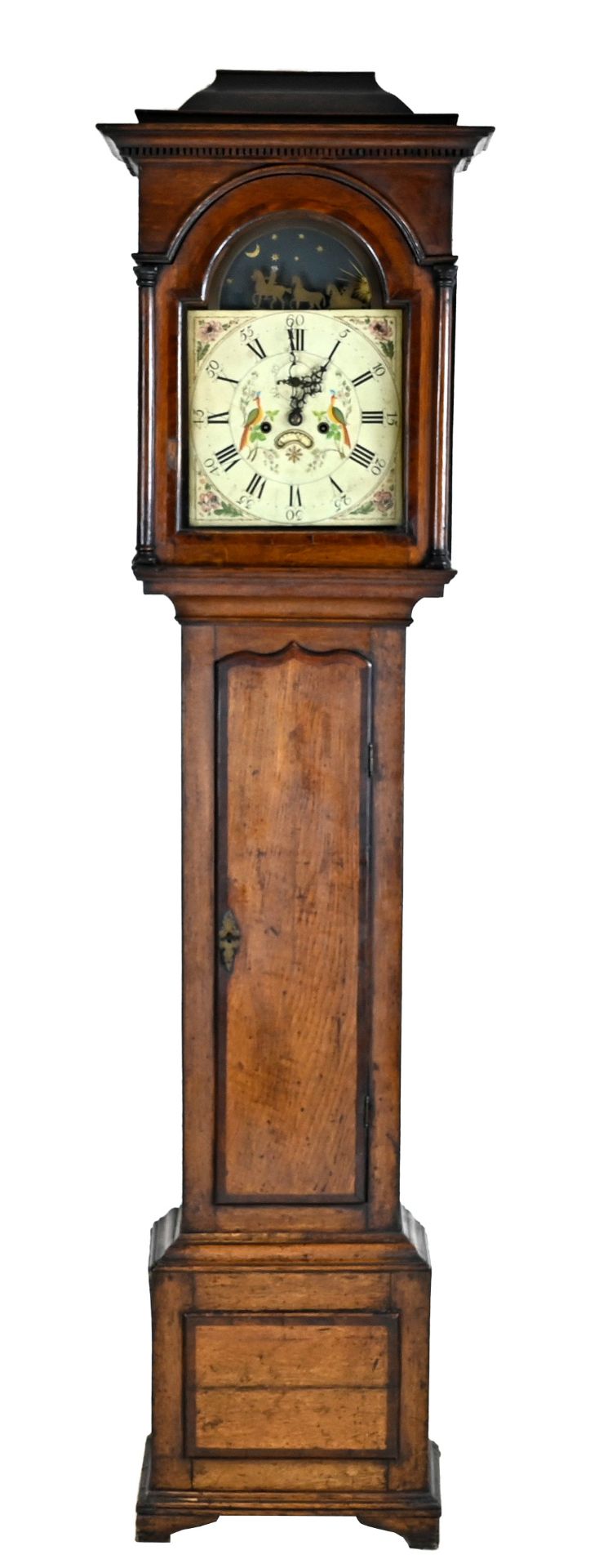 Grandfather clock England, oak, early 19th century, figures on horseback (later), seconds + date