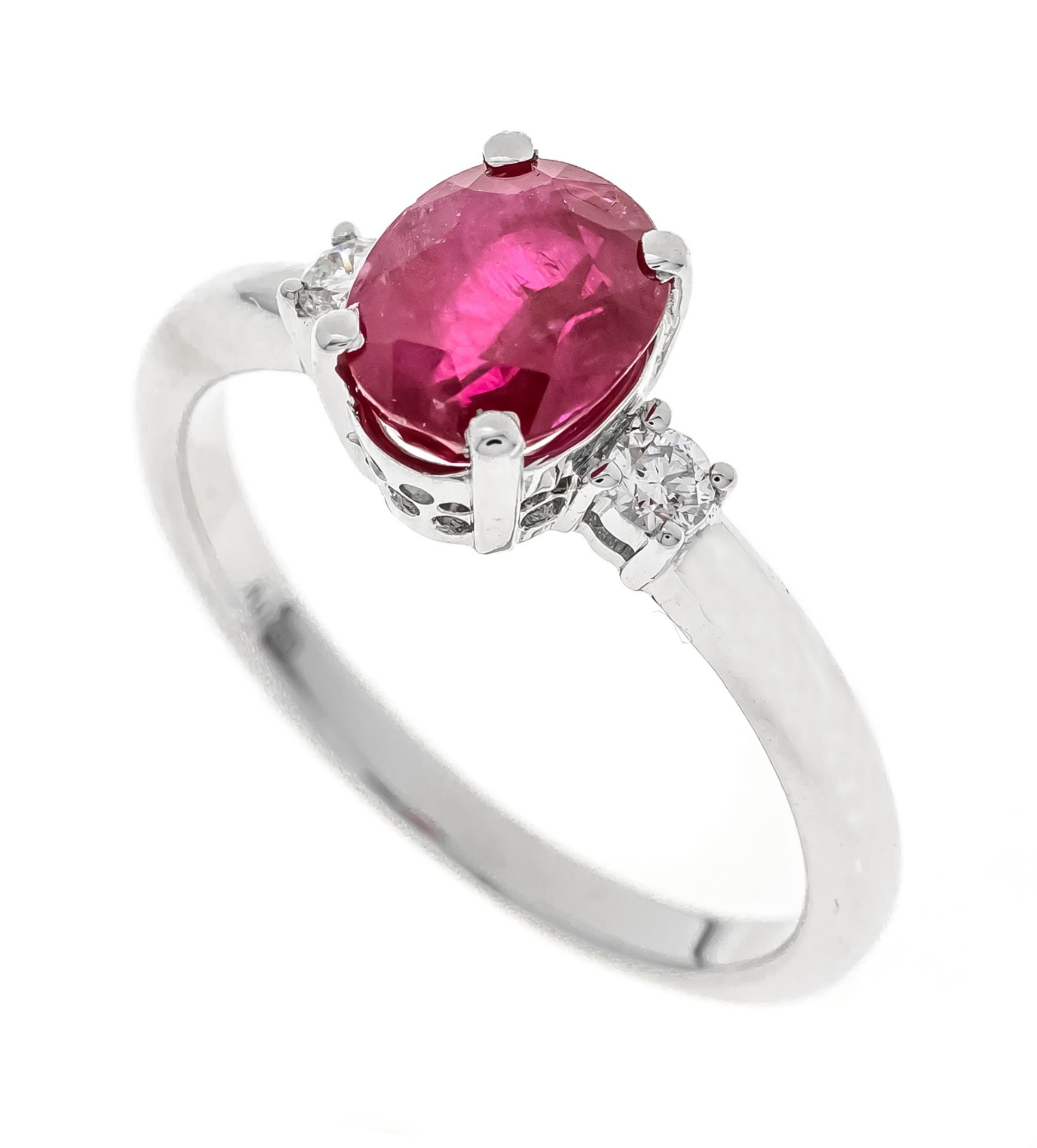 Ruby brilliant ring WG 750/000 with one oval faceted ruby 1,67 ct dark red, translucent, 7,24 x 6,10