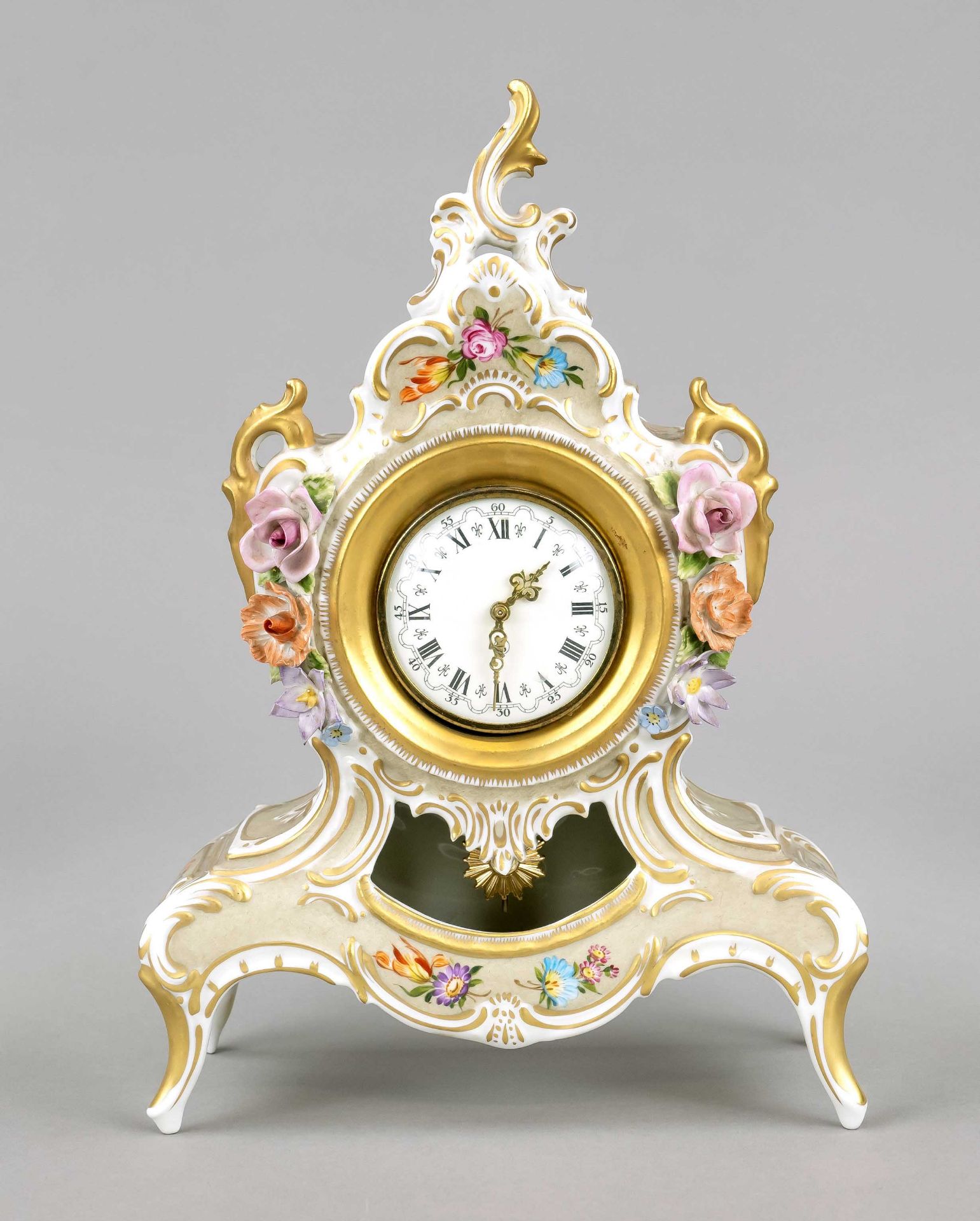 Table clock, Sandizell, Bavaria, 20th century, curved rococo form after Dresden model, round dial