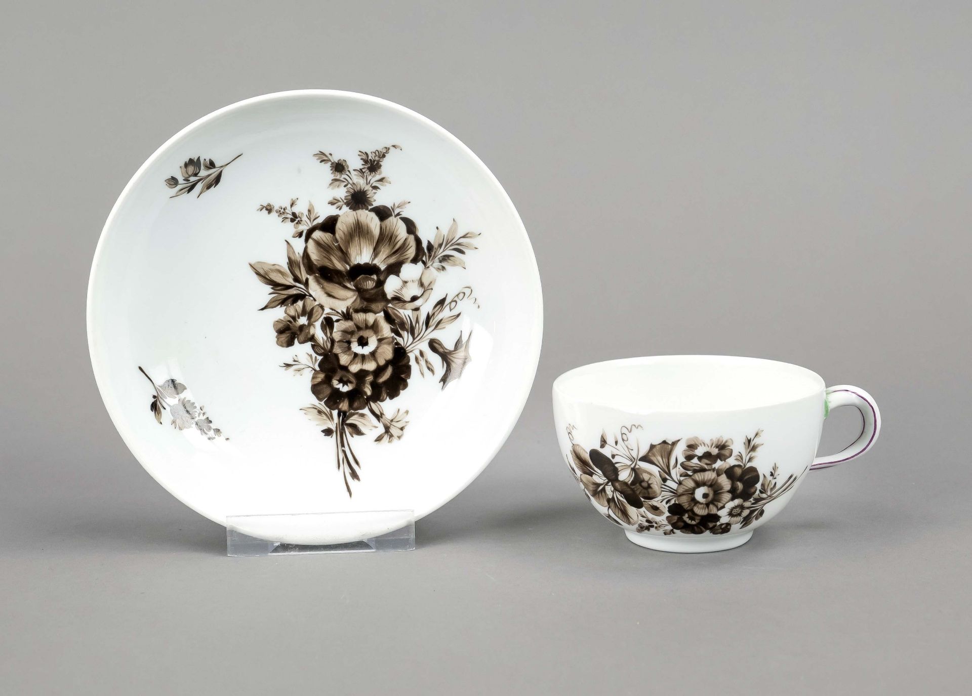 Tea cup and saucer, Meissen, Marcolini mark 1774-1817, spherical shape with double handle, rose