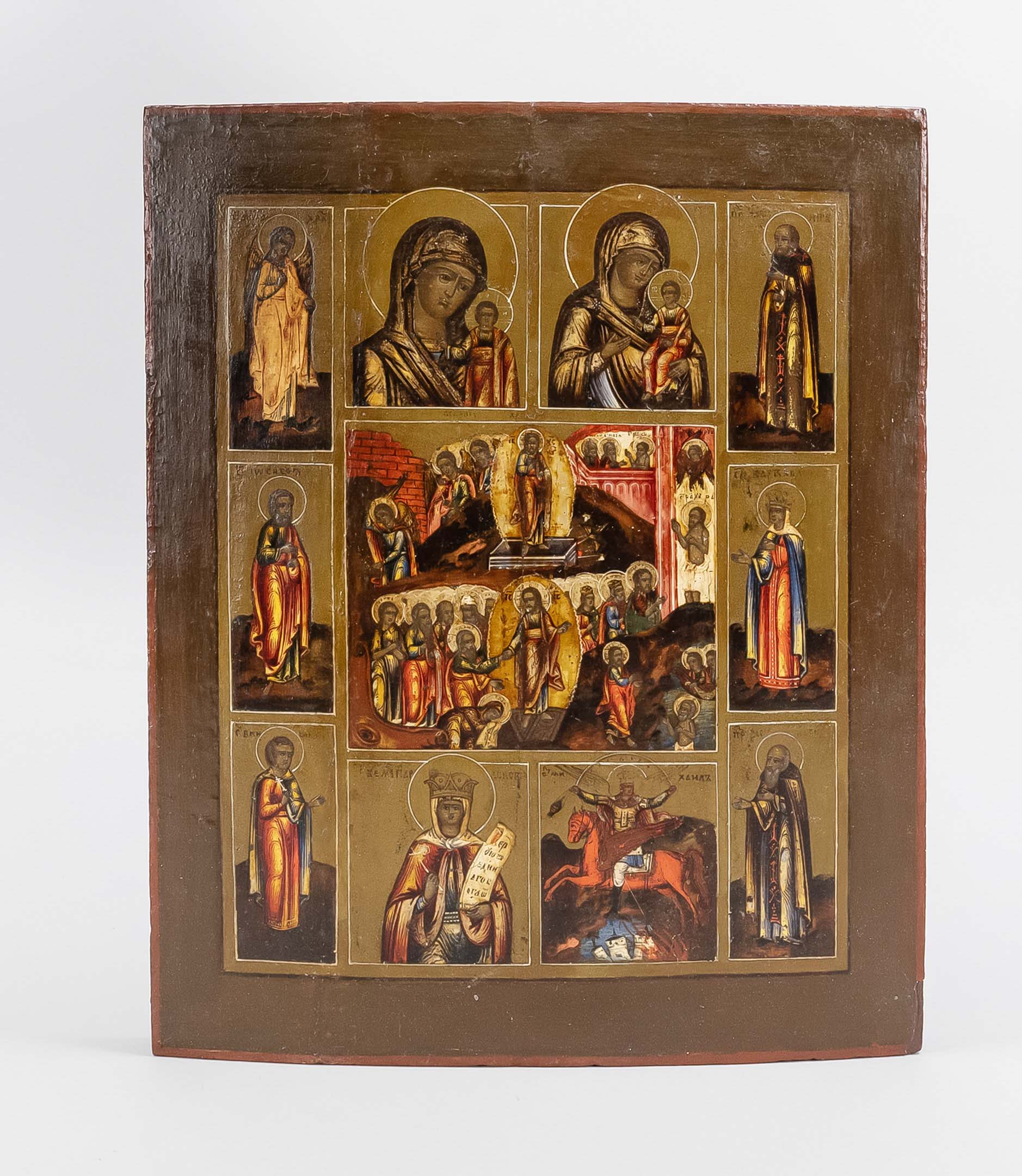 Icon, Russia, probably end of 19th century, polychrome and gold/silver on wood, both sponki missing,