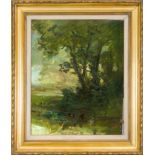 Unidentified impressionist around 1900, swamp landscape in the morning, oil on wood, unsigned, 51