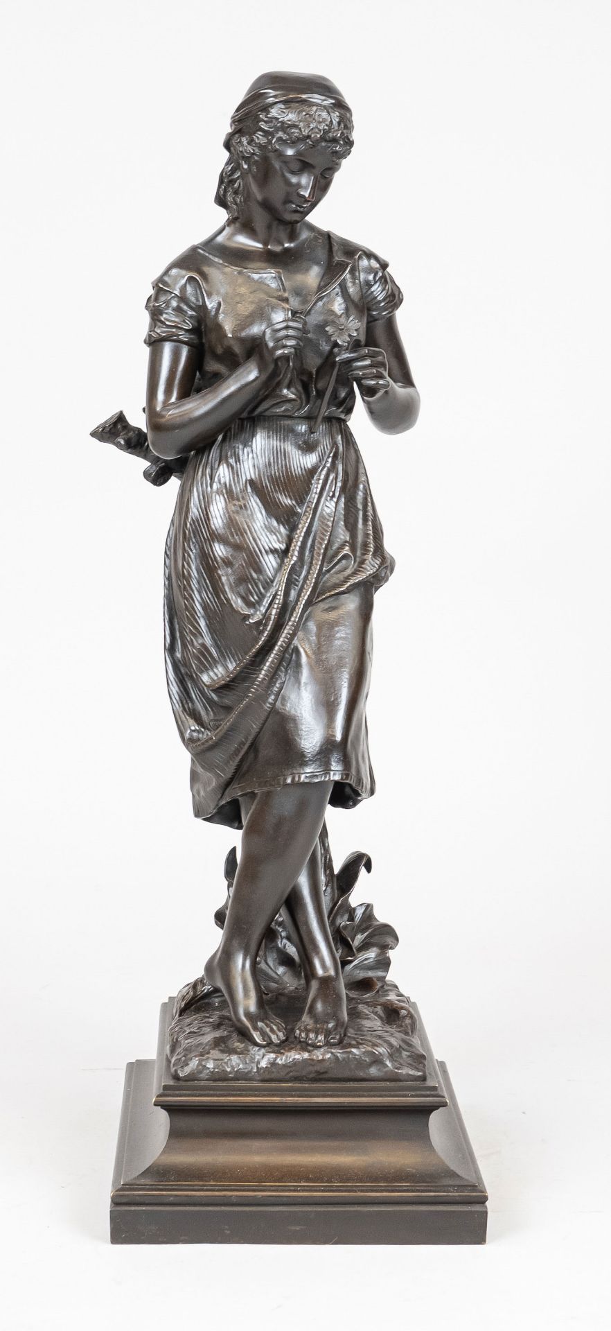 Jean Ferville, French sculptor c. 1900, girl in love counting flowers, dark brown patinated