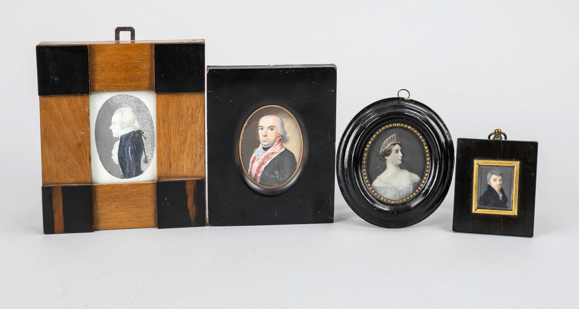 4 miniatures, 19th century, 3 portraits of gentlemen and one of a lady, polychrome on bone and