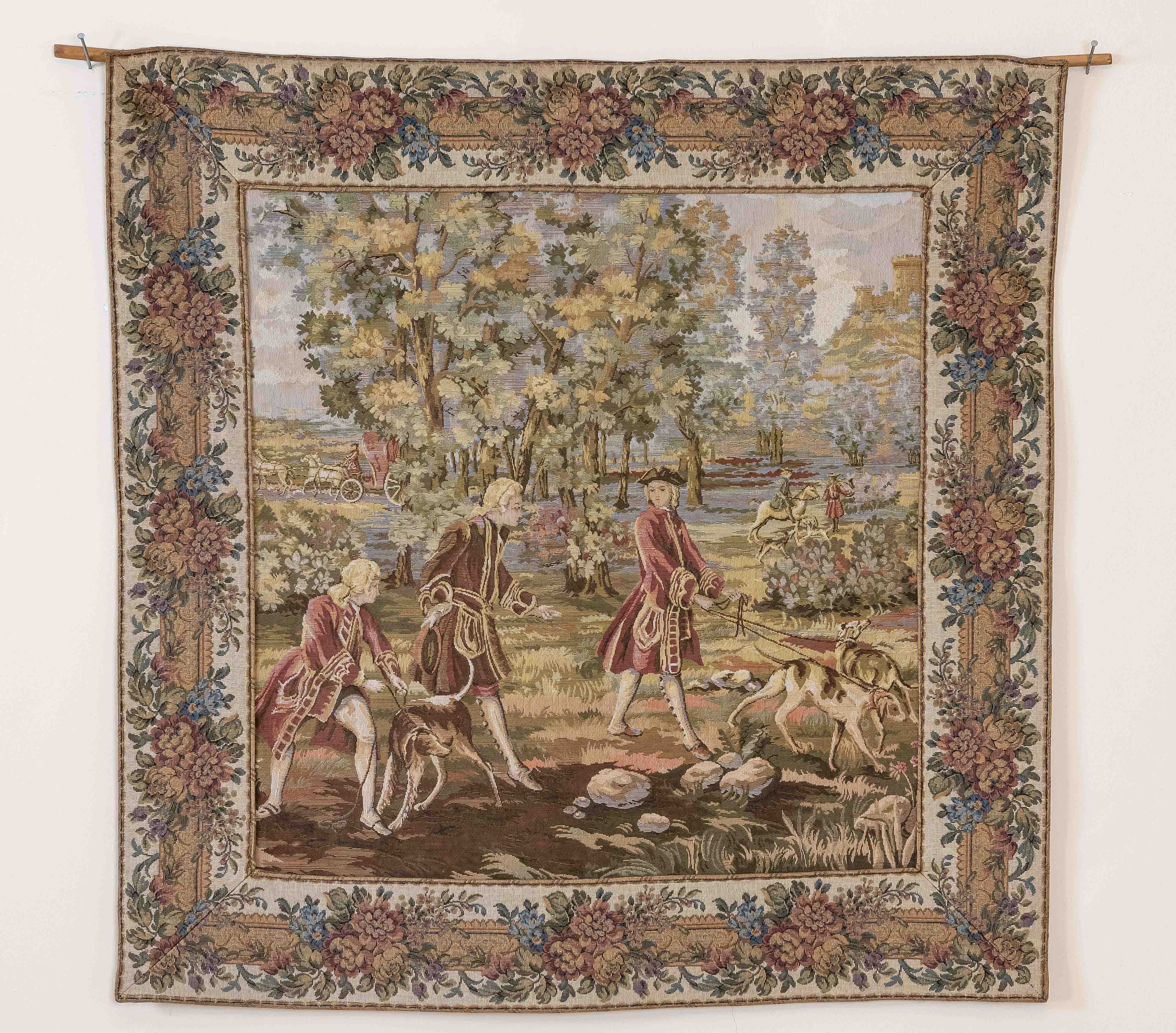 Tapestry, 20th century, hunting scene, 87 x 87 cm