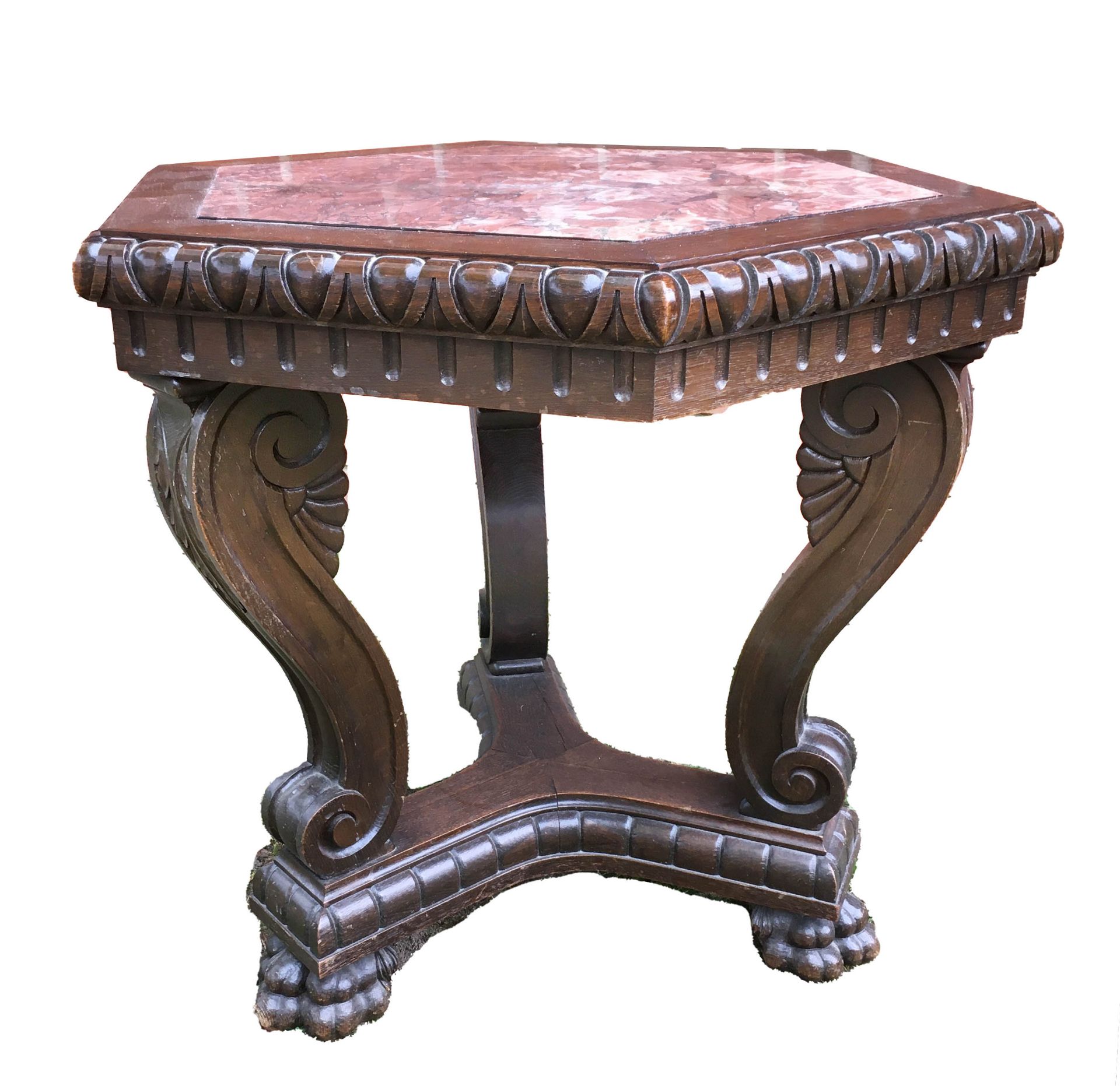 Hexagonal Renaissance style salon table, c. 1900, solid oak with inset red and white marble top, 3