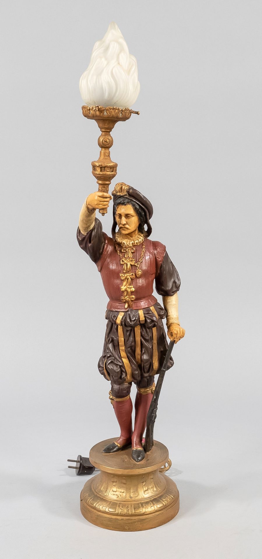 Figural lamp, 19th/20th century, polychrome painted metal casting. Musketeer on round pedestal, milk