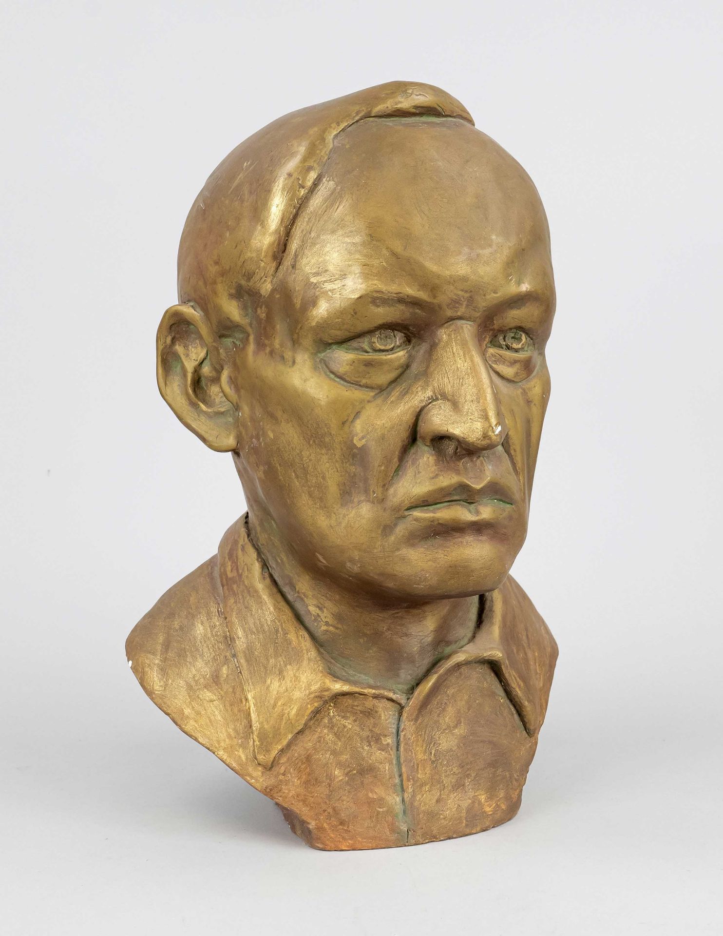 Anonymous sculptor mid-20th c., life-size bust of a man, gold-bronzed plaster, unsigned, minimally