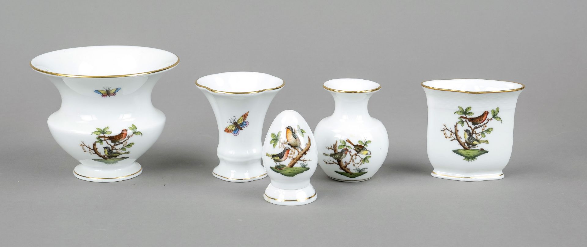 Five tableware pieces, Herend, Hungary, late 20th century, 1st choice, polychrome painted with birds