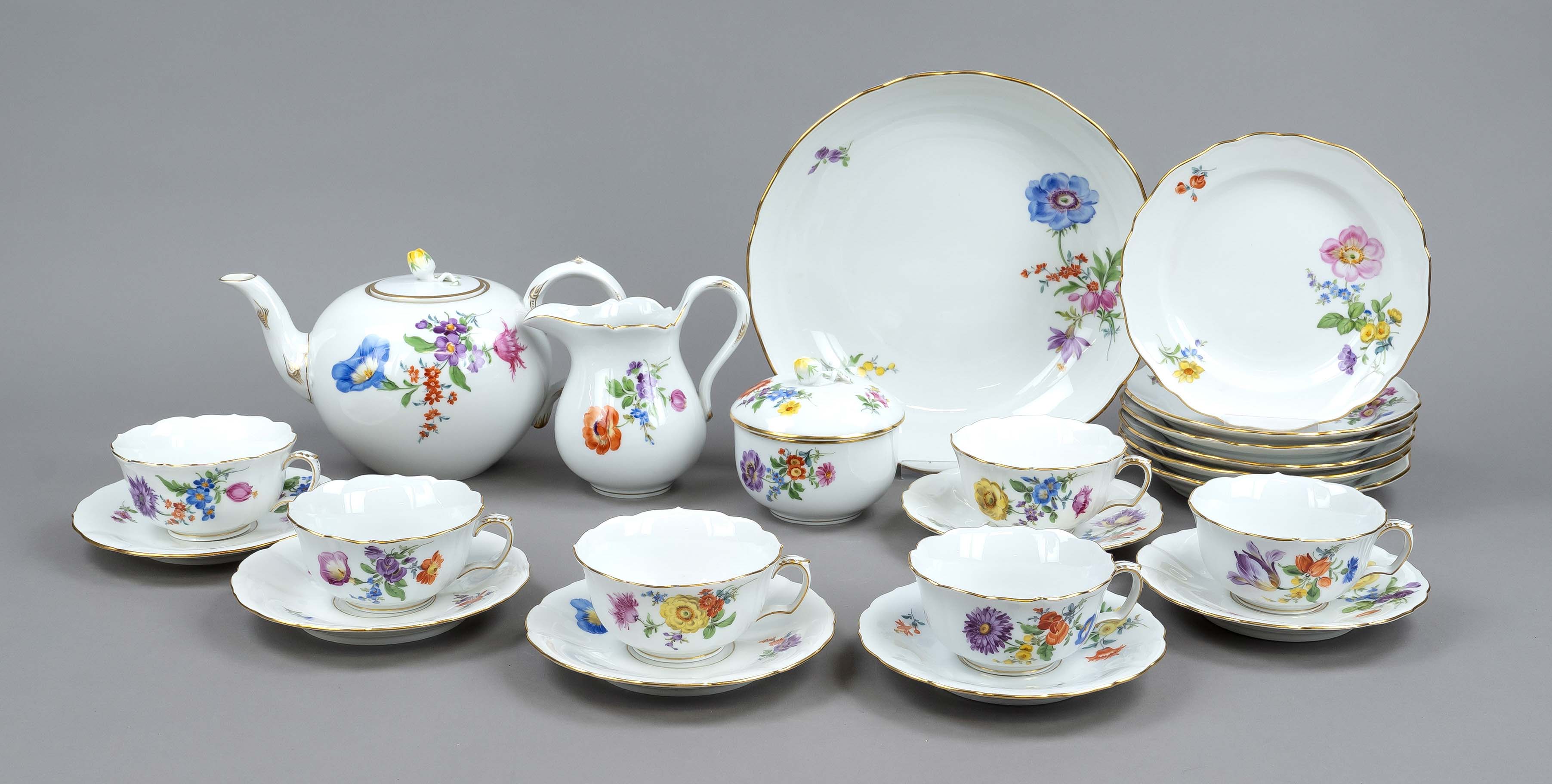 Tea set for 6 persons, 22 pieces, Meissen, marks after 1934, 1st choice, form New Cutout, decor