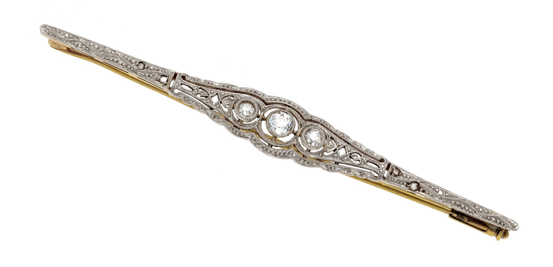 Art Deco old-cut diamond rose brooch GG/WG 585/000 with 3 old-cut diamonds, add. 0,12 ct W/SI and