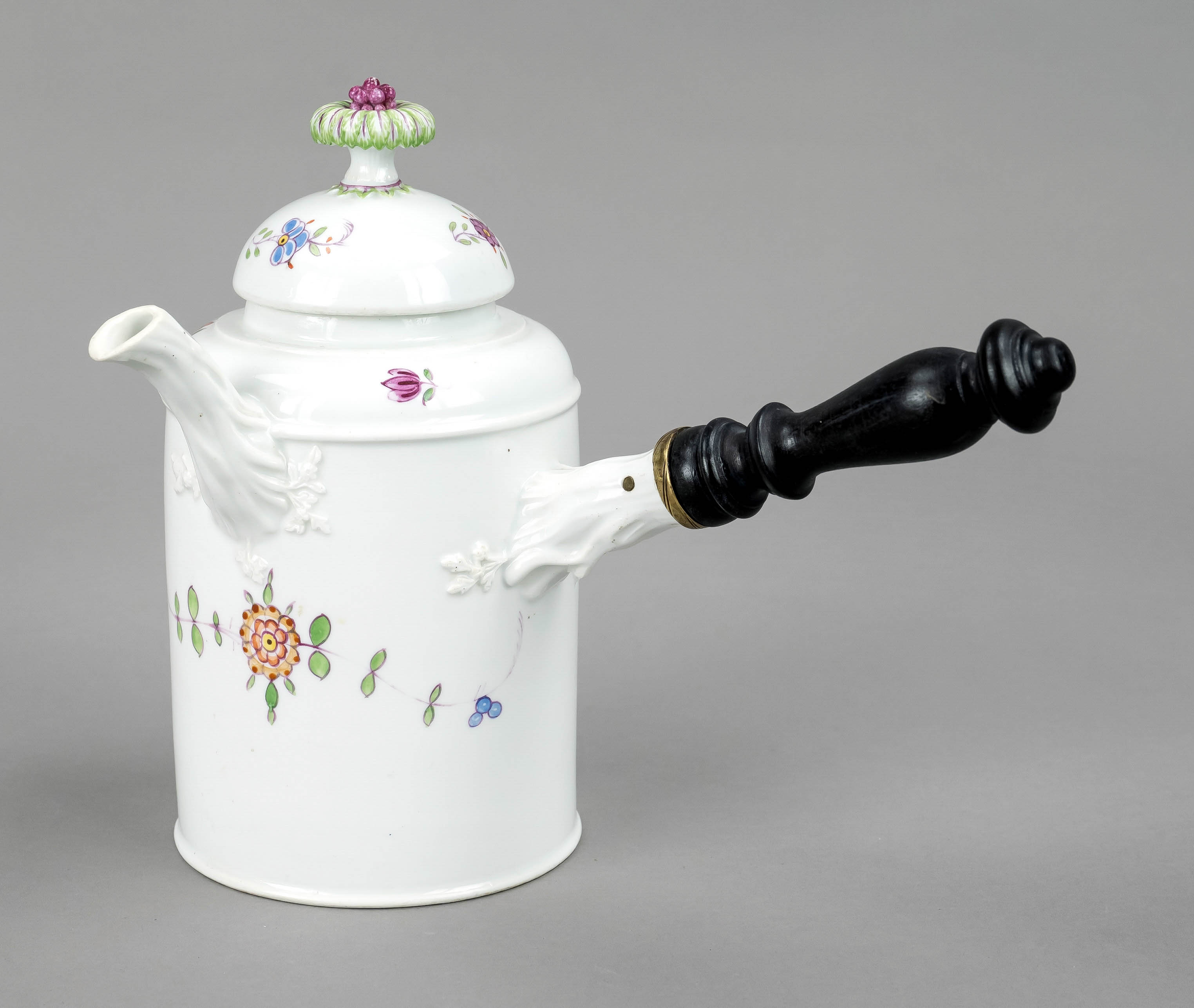 Chocolate pot, Meissen, Marcolini mark 1774-1814, cylindrical form with wooden handle on the side,