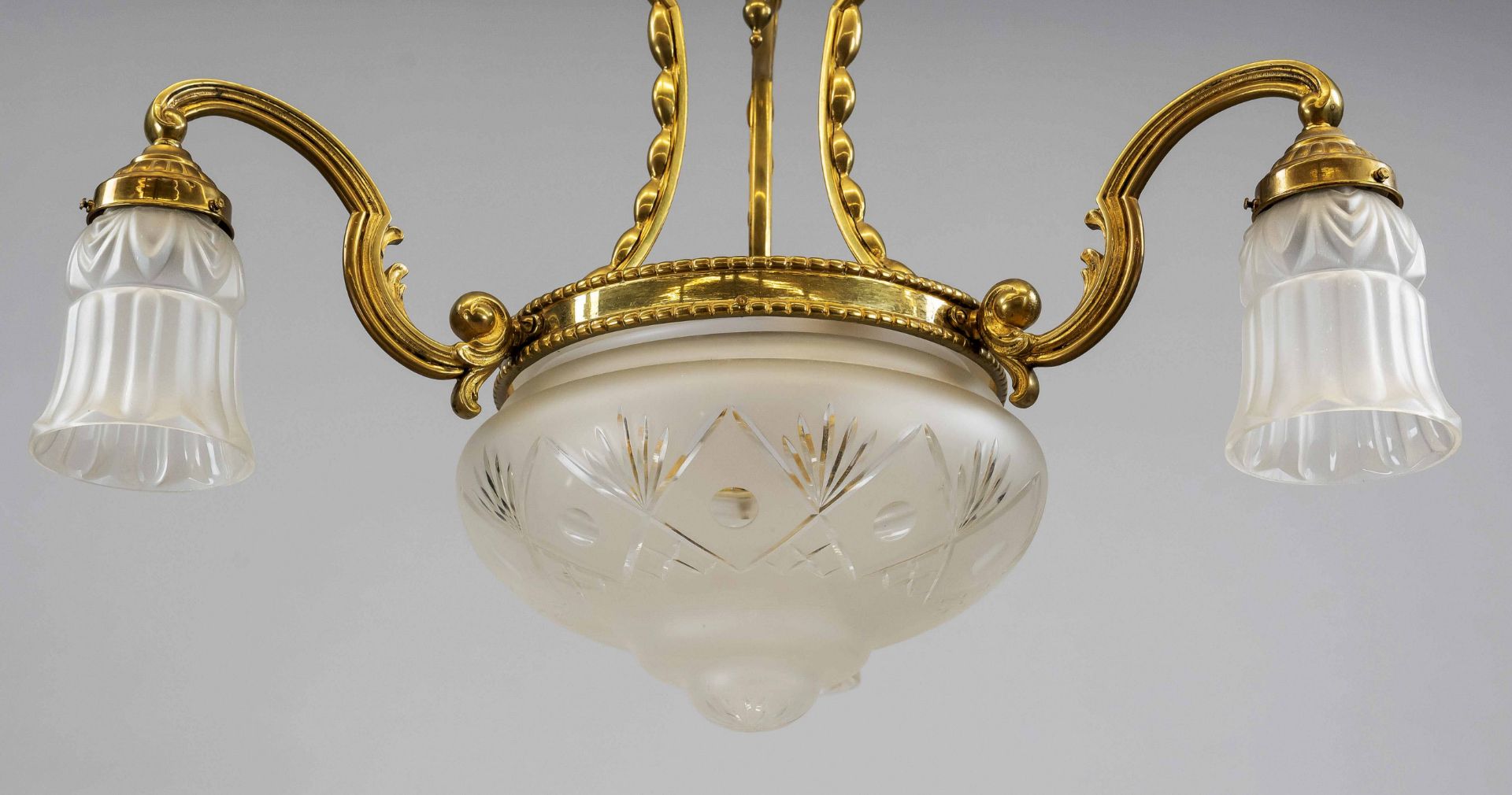 Hanging lamp, late 19th c. Brass tripod frame with 3 cantilevered curved chandelier arms. Lampshades - Image 2 of 2