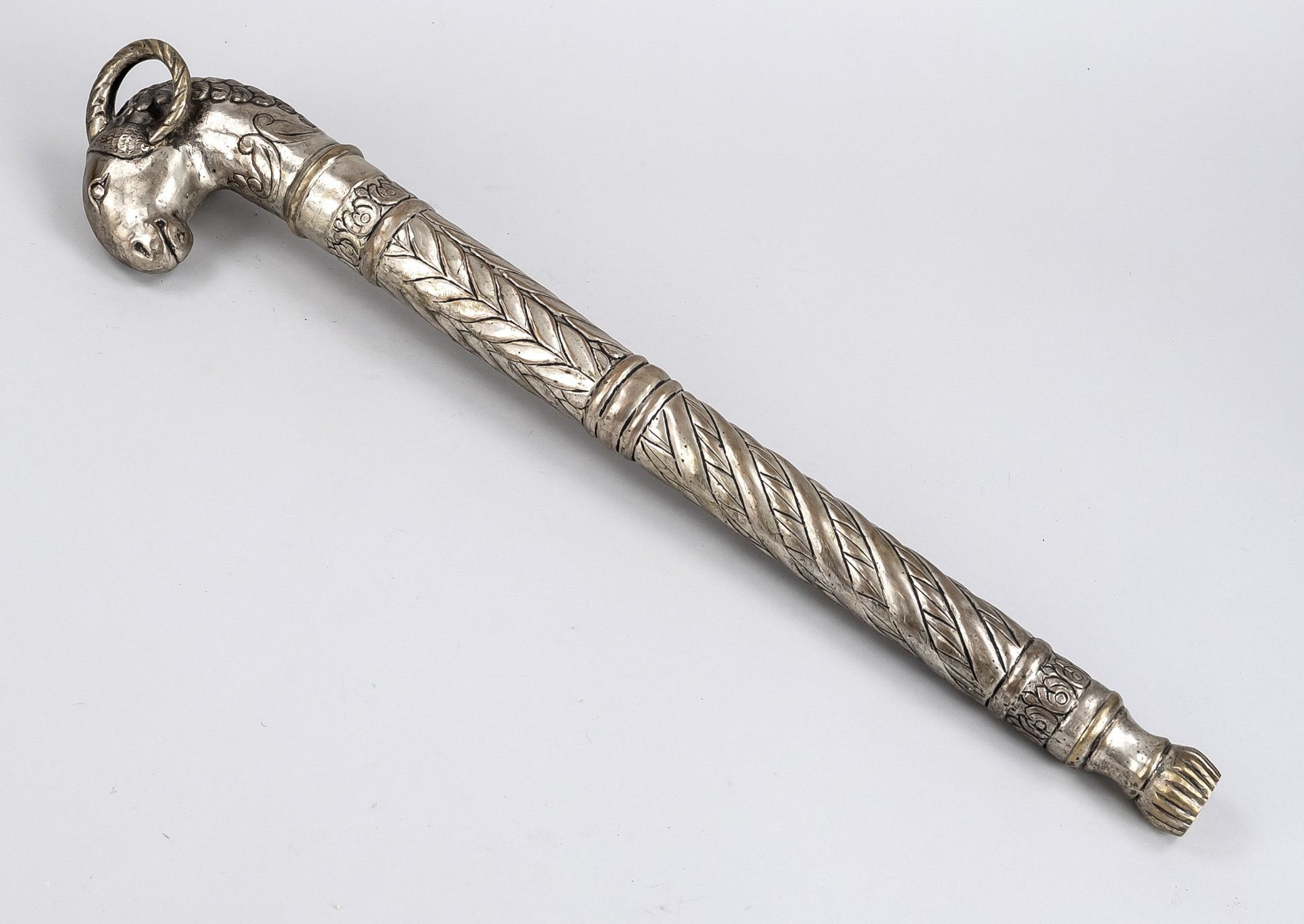 Blessed ram head scepter, India, 20th century, chased white metal, modeled after the silver Maharaja