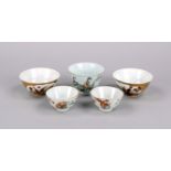 5 Chinese bowls, China, 19th/20th c., 3 Koppchen famille rose with decoration of palace ladies and