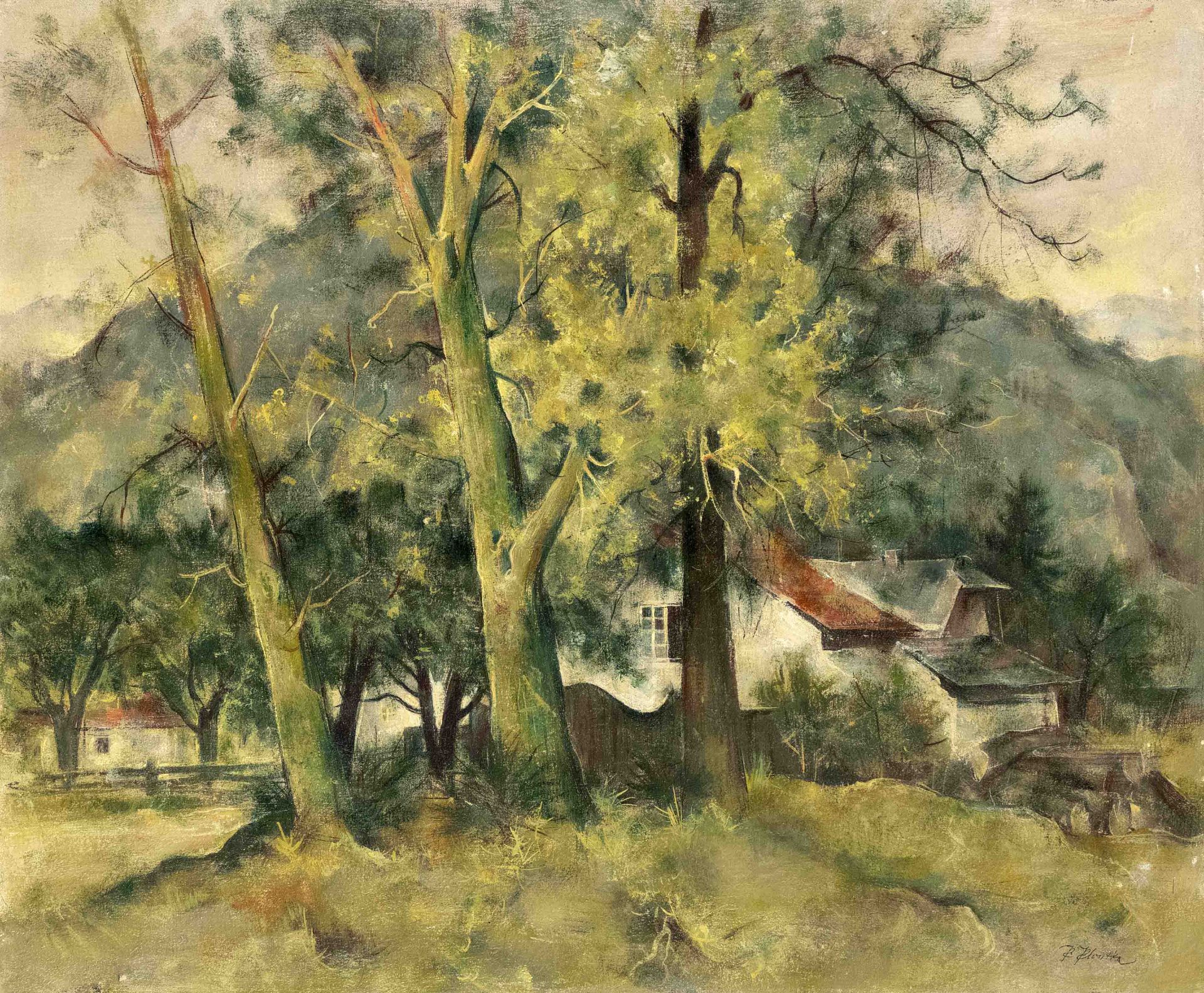 K. Klositka (?), 1st half 20th century, tree-lined landscape with houses, oil on canvas,