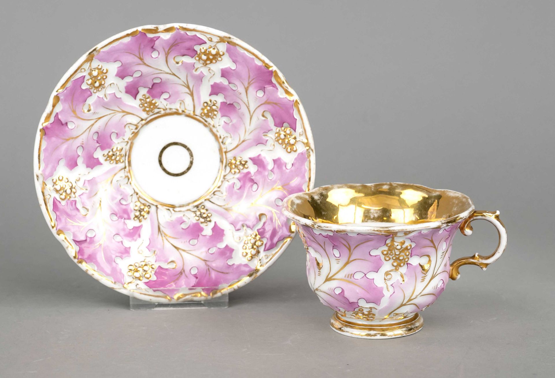 A cup with a saucer, Meissen, 19th century, knob swords 1850-1924, 1st choice, relief decoration