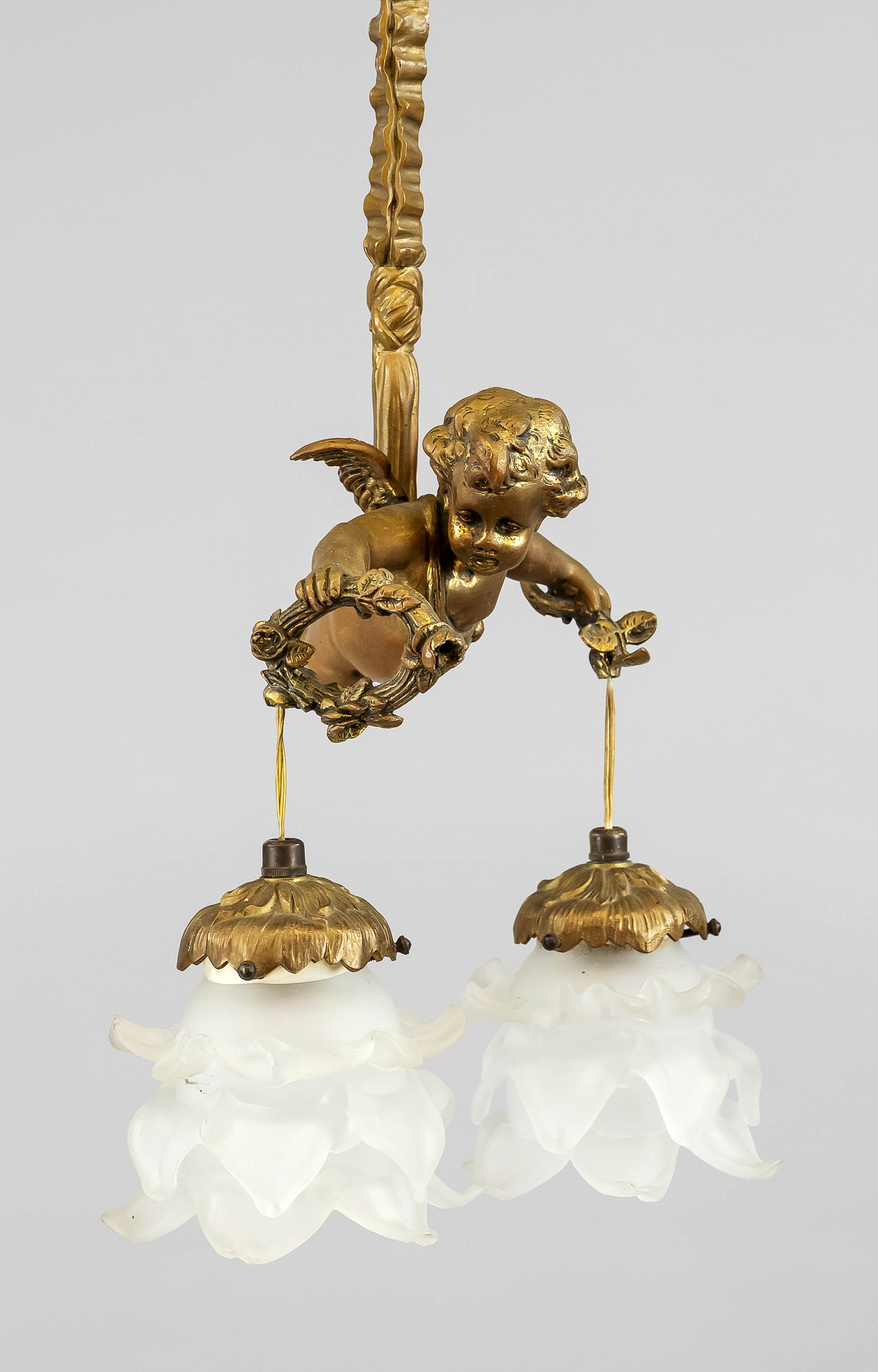 Figural hanging lamp, late 19th c., brass with rest gilding. Floating putto on fluttering ribbon,